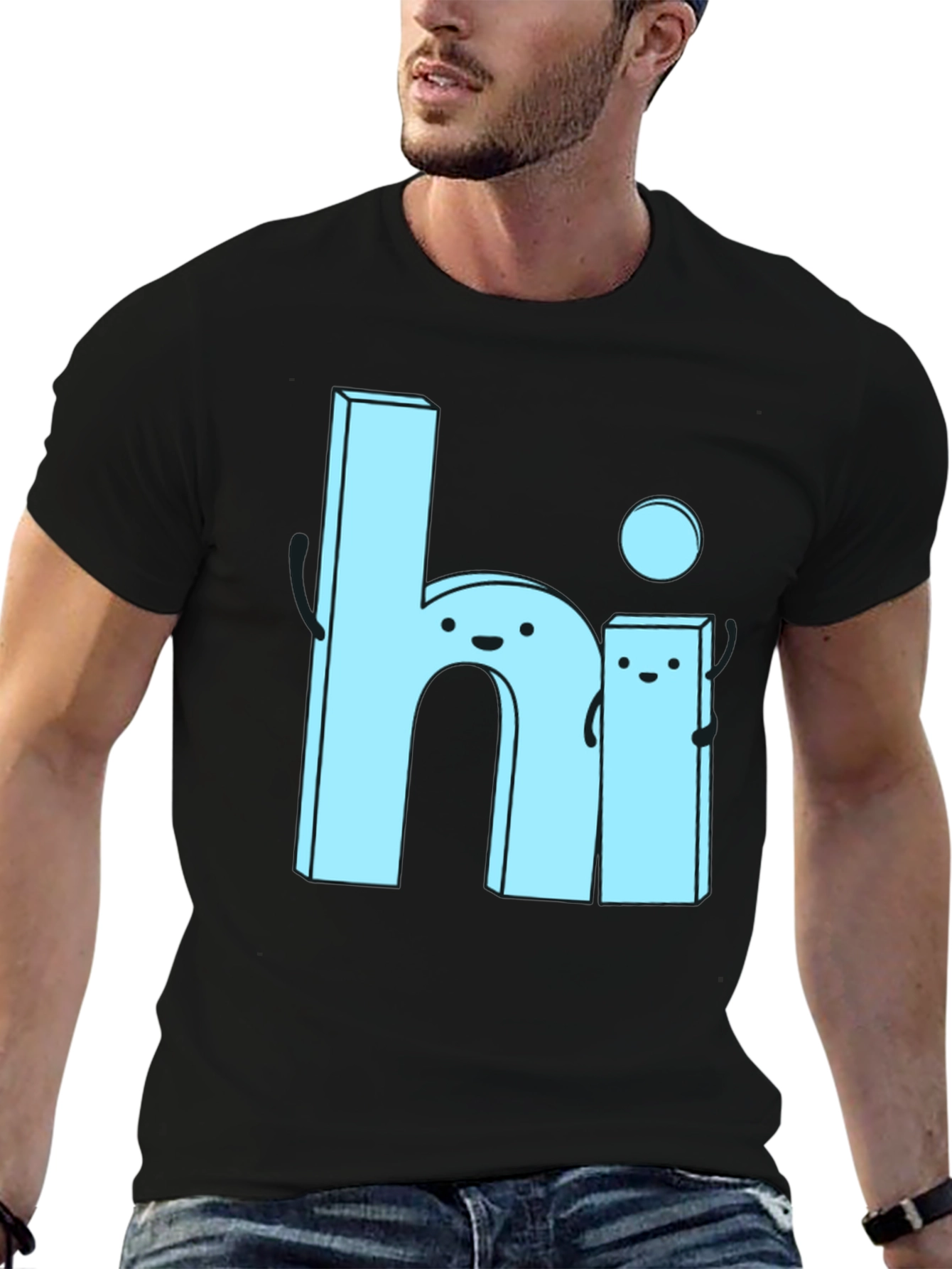 Black Cute Cartoon "Hi" Graphic Tee - Soft Black Cotton view 6