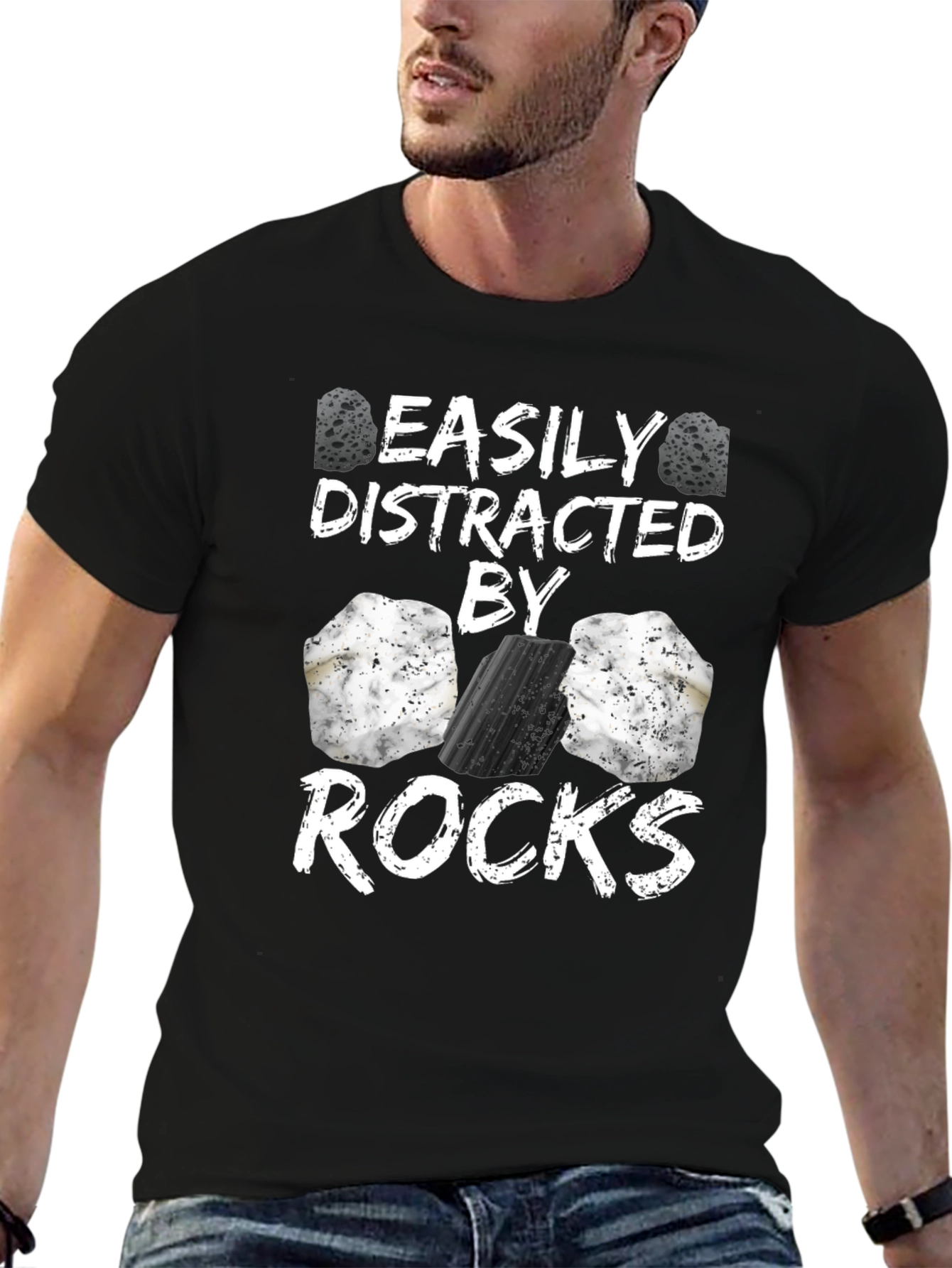 Black Easily Distracted By Rocks Funny T-Shirt view 6