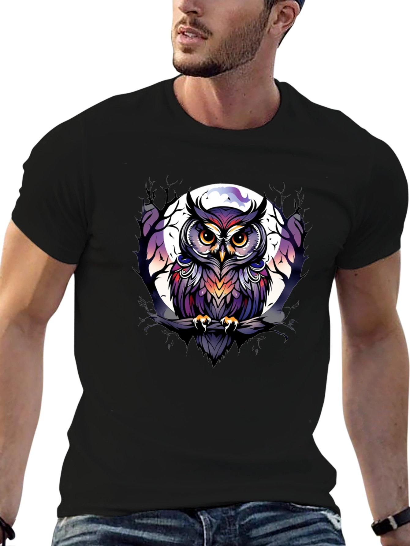 Black Owl T-Shirt: Moonlit Perch Design view 6