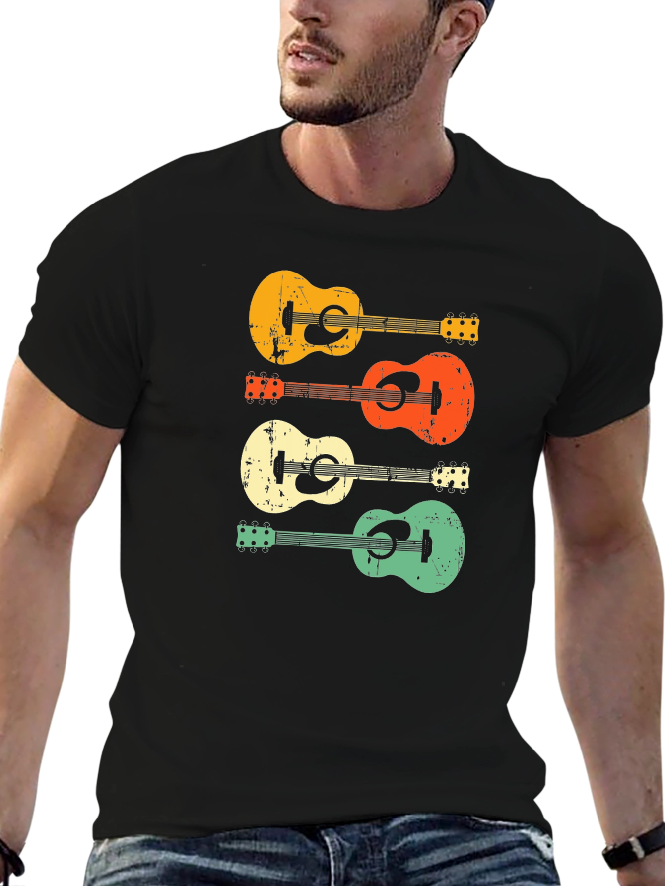 Black Retro Guitar T-Shirt view 6