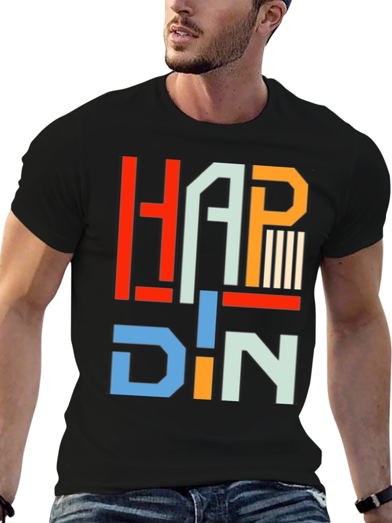 Black HAPP DIN T-Shirt - Geometric Letter Graphic Tee view 6