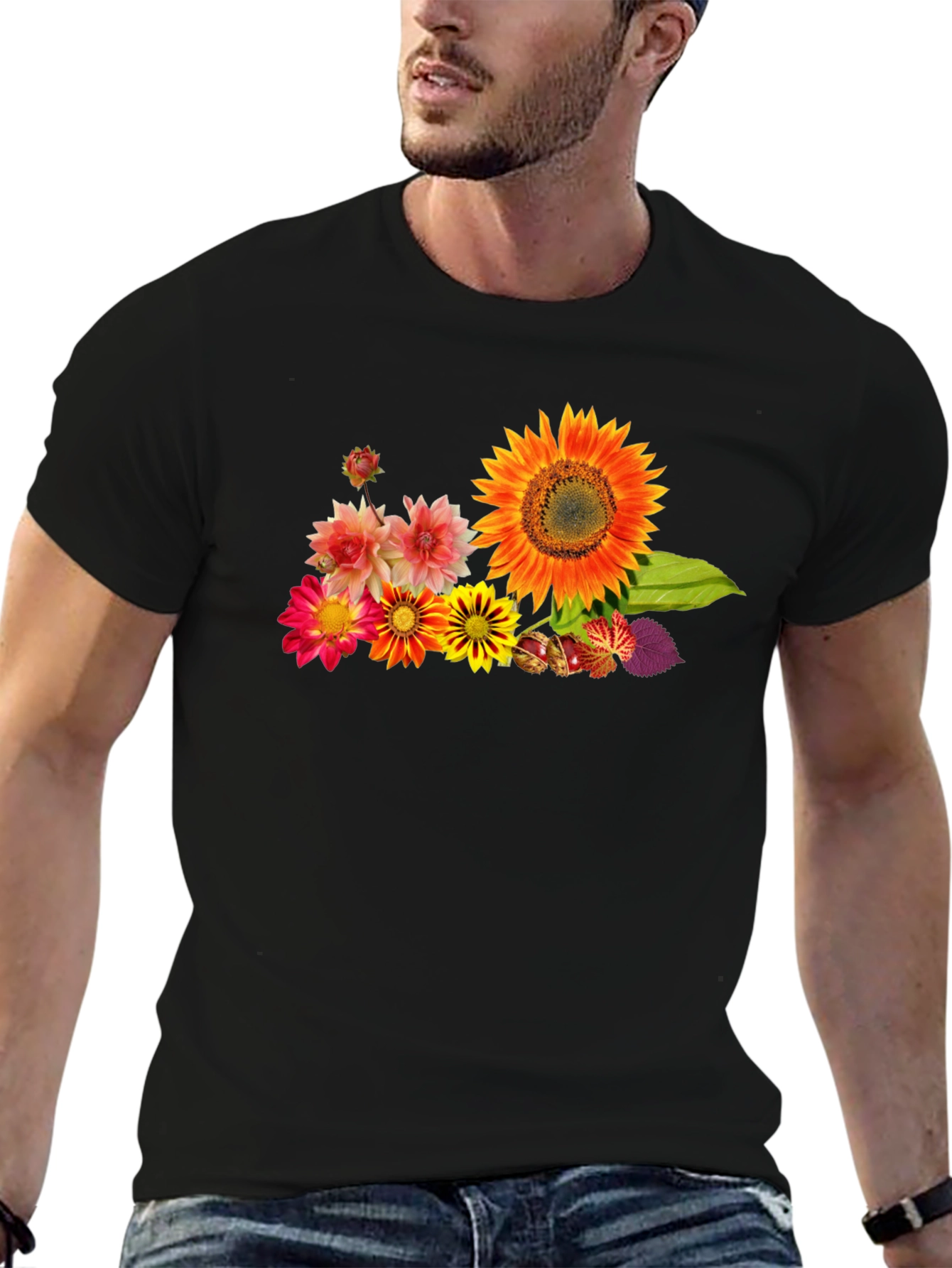 Black Floral Print Black Cotton T-Shirt view 6