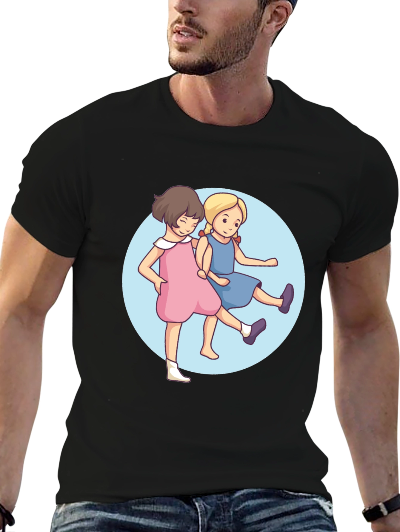 Black Cute Cartoon Twins Black T-Shirt view 6