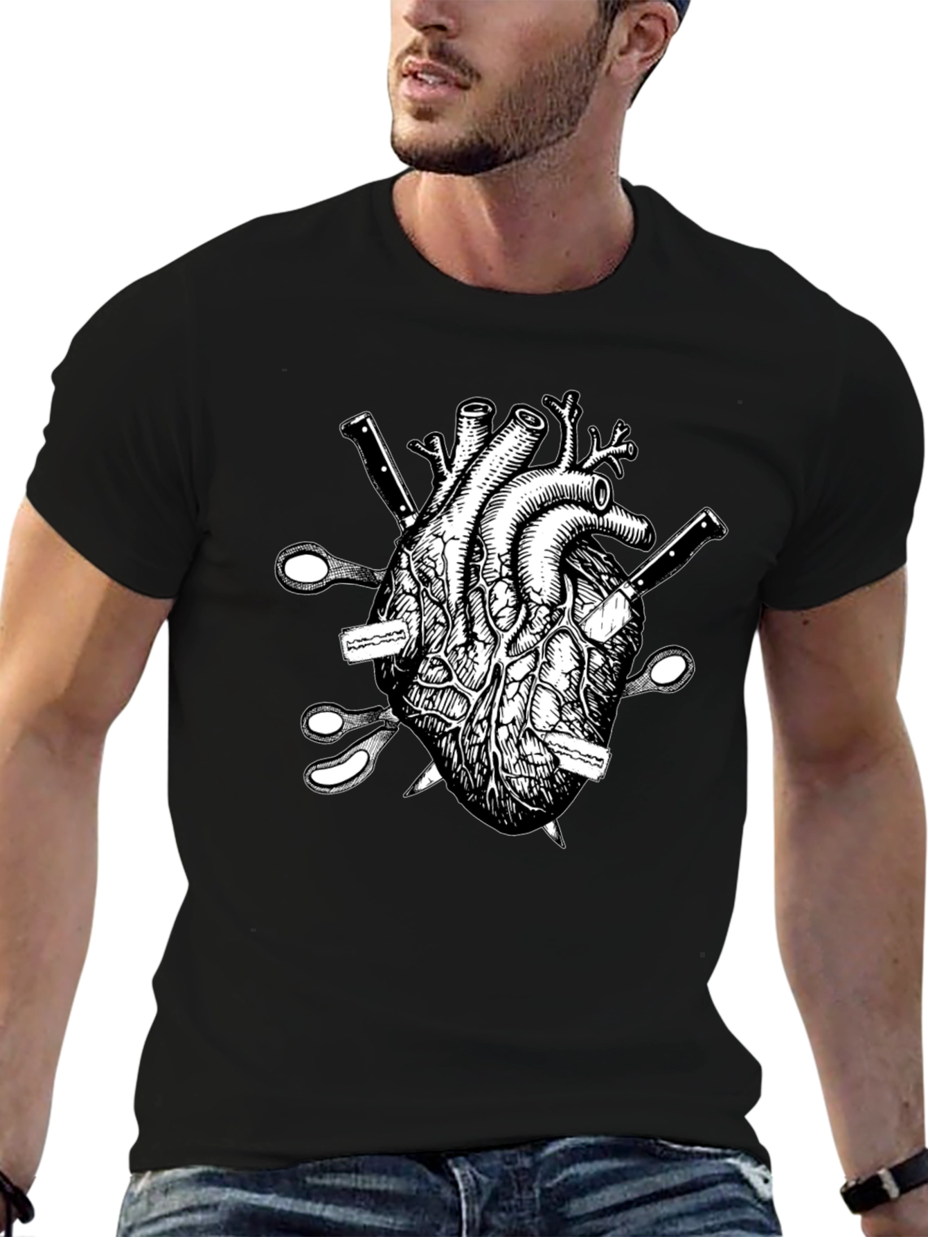 Black Anatomical Heart Knives T-Shirt view 6