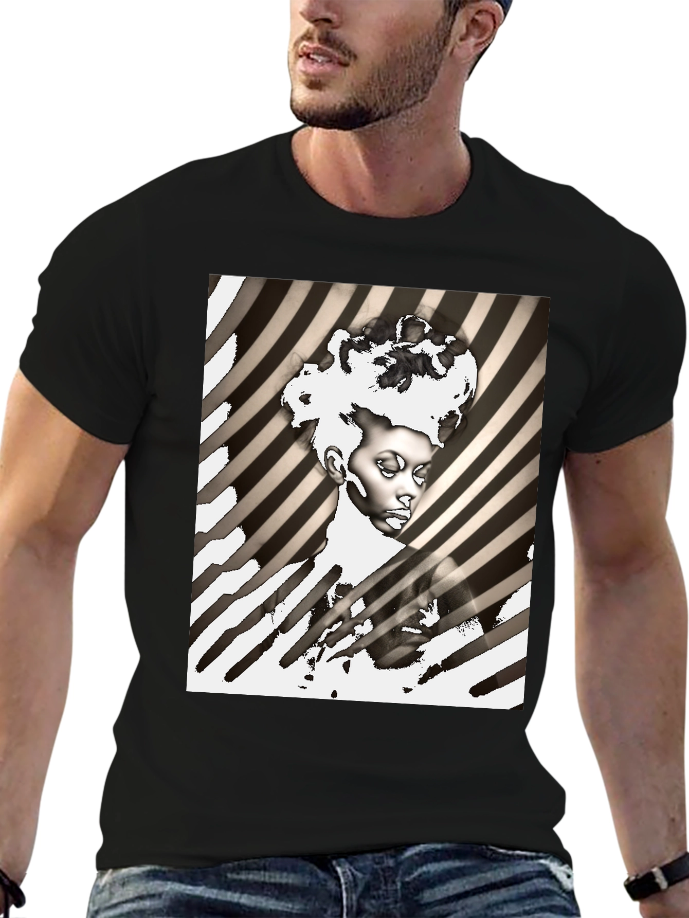 Black Striking Graphic Print Tee - Monochrome Art view 6