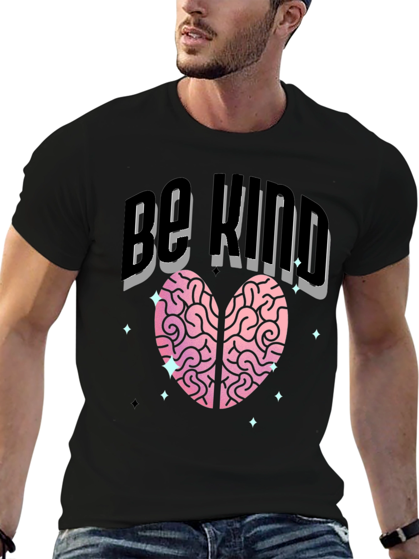 Black Be Kind Heart Brain T-Shirt - Soft Cotton Blend view 6