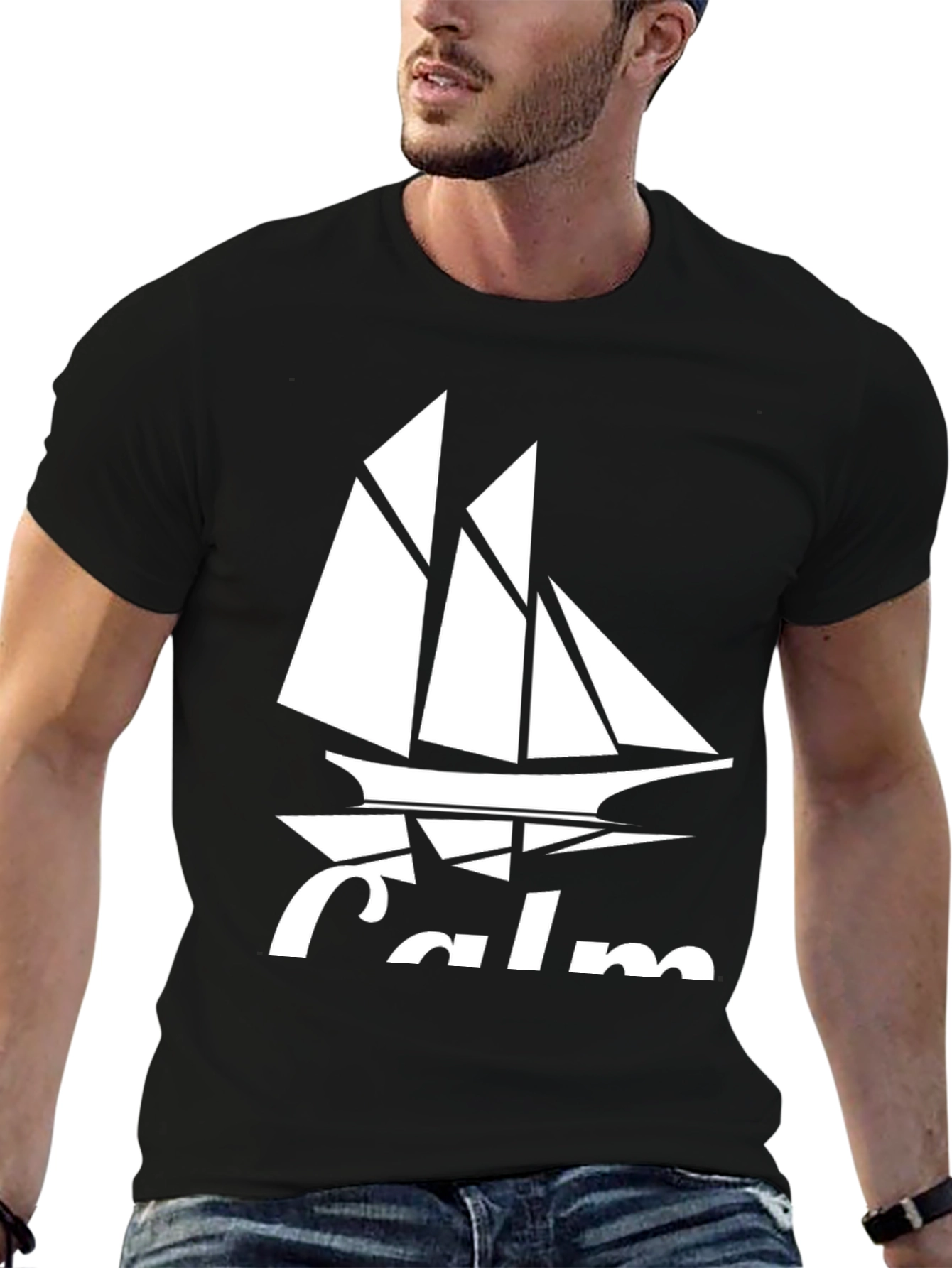 Black Calm Sailing Boat Graphic T-Shirt - Black Cotton Crew Neck view 6