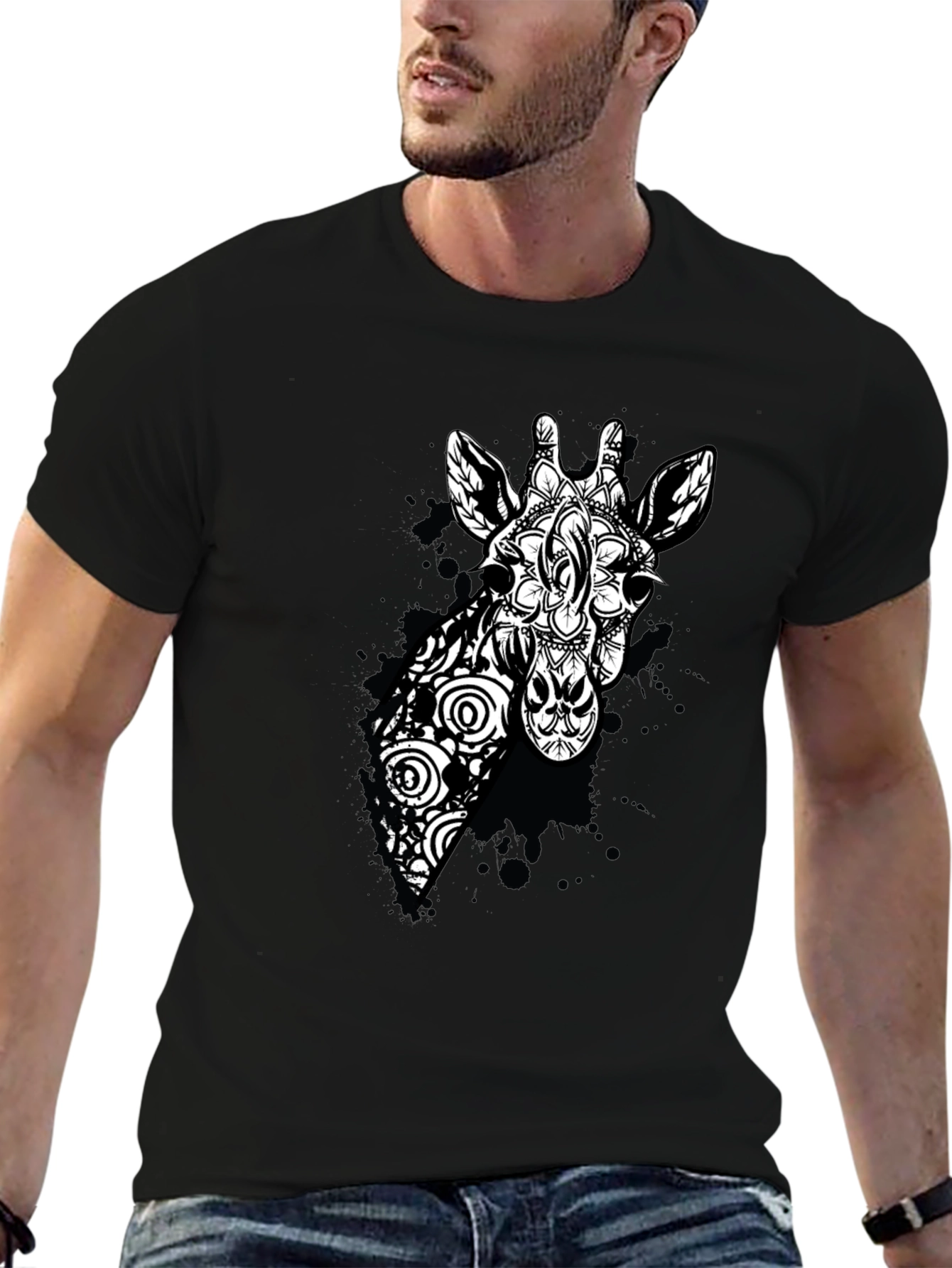 Black Giraffe Mandala Graphic Tee - Black Cotton T-Shirt view 6