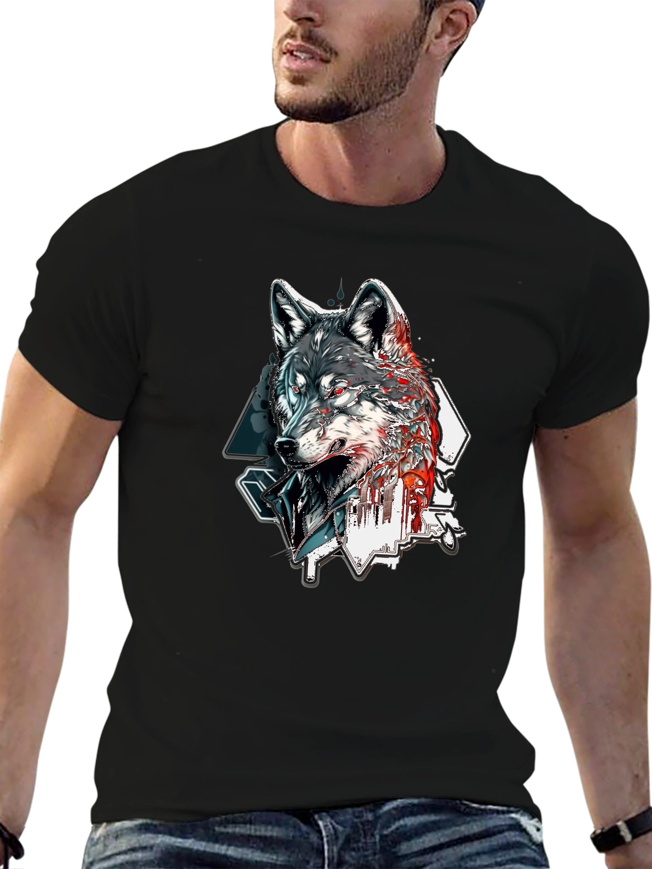 Black Wolf Graphic Print Black T-Shirt view 6
