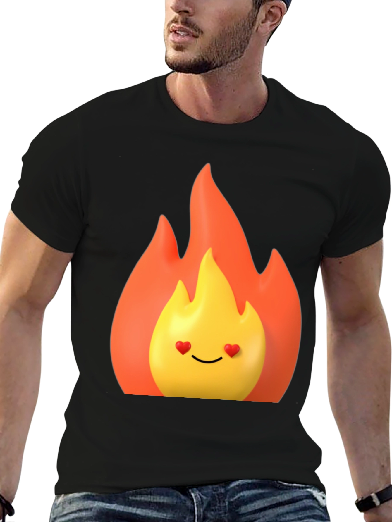 Black Flaming Heart Eyes Emoji Black T-Shirt view 6