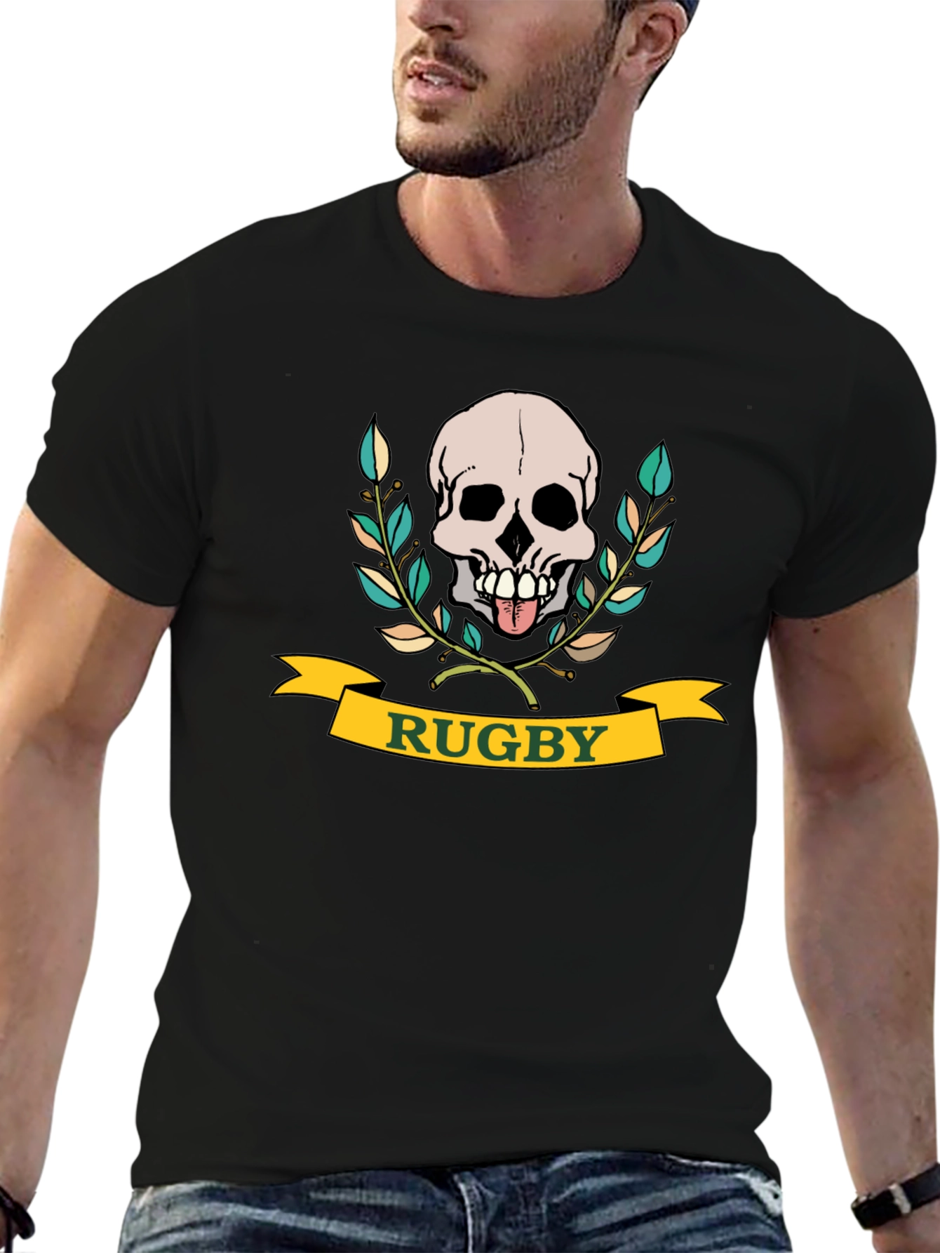 Black Rugby Skull Graphic T-Shirt - Black Cotton Tee view 6