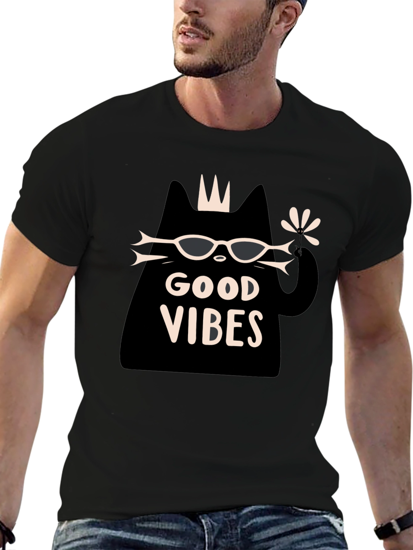 Black Good Vibes Cat Graphic T-Shirt - Black view 6