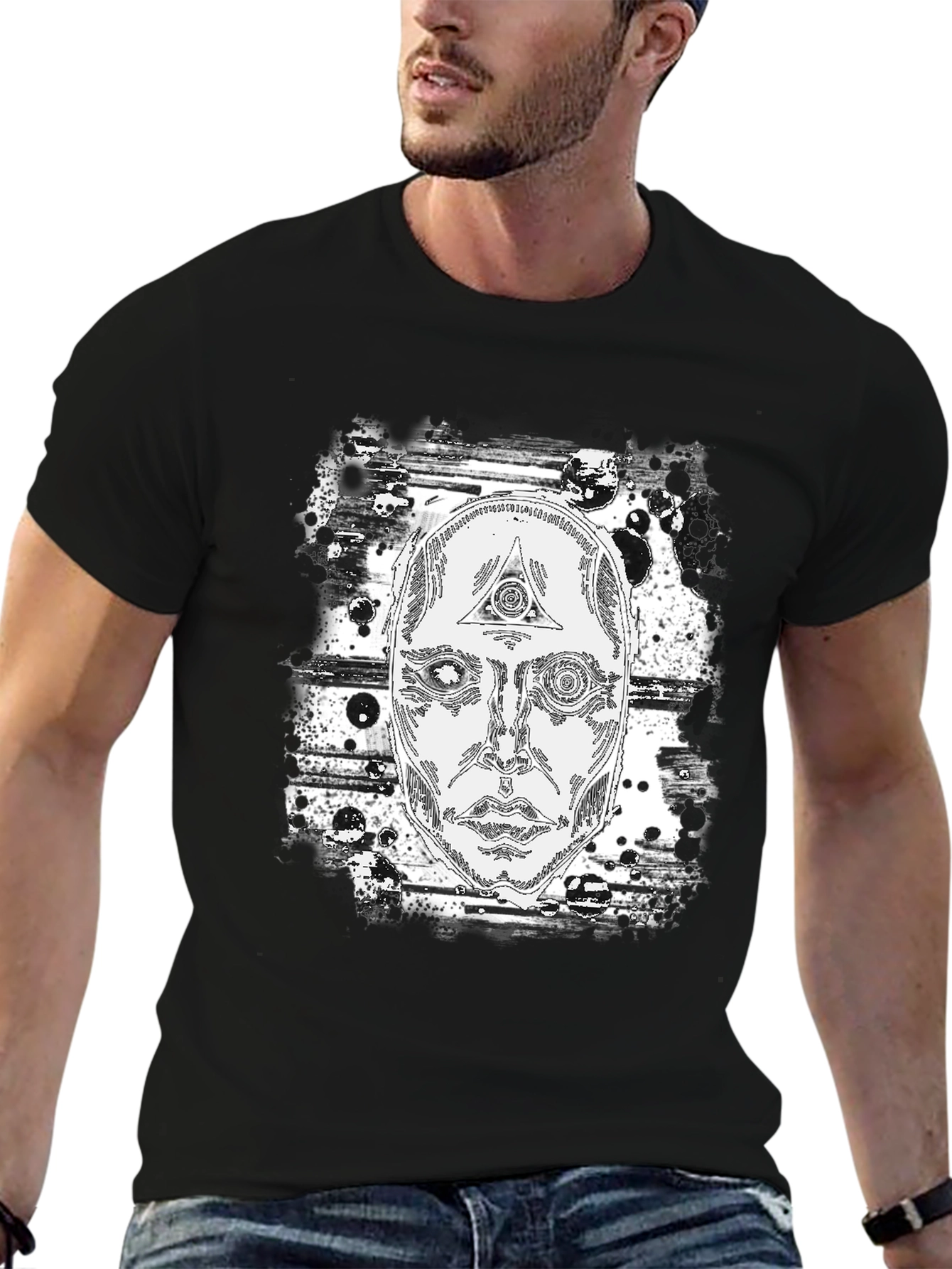 Black Abstract Face Graphic Print Black T-Shirt view 6