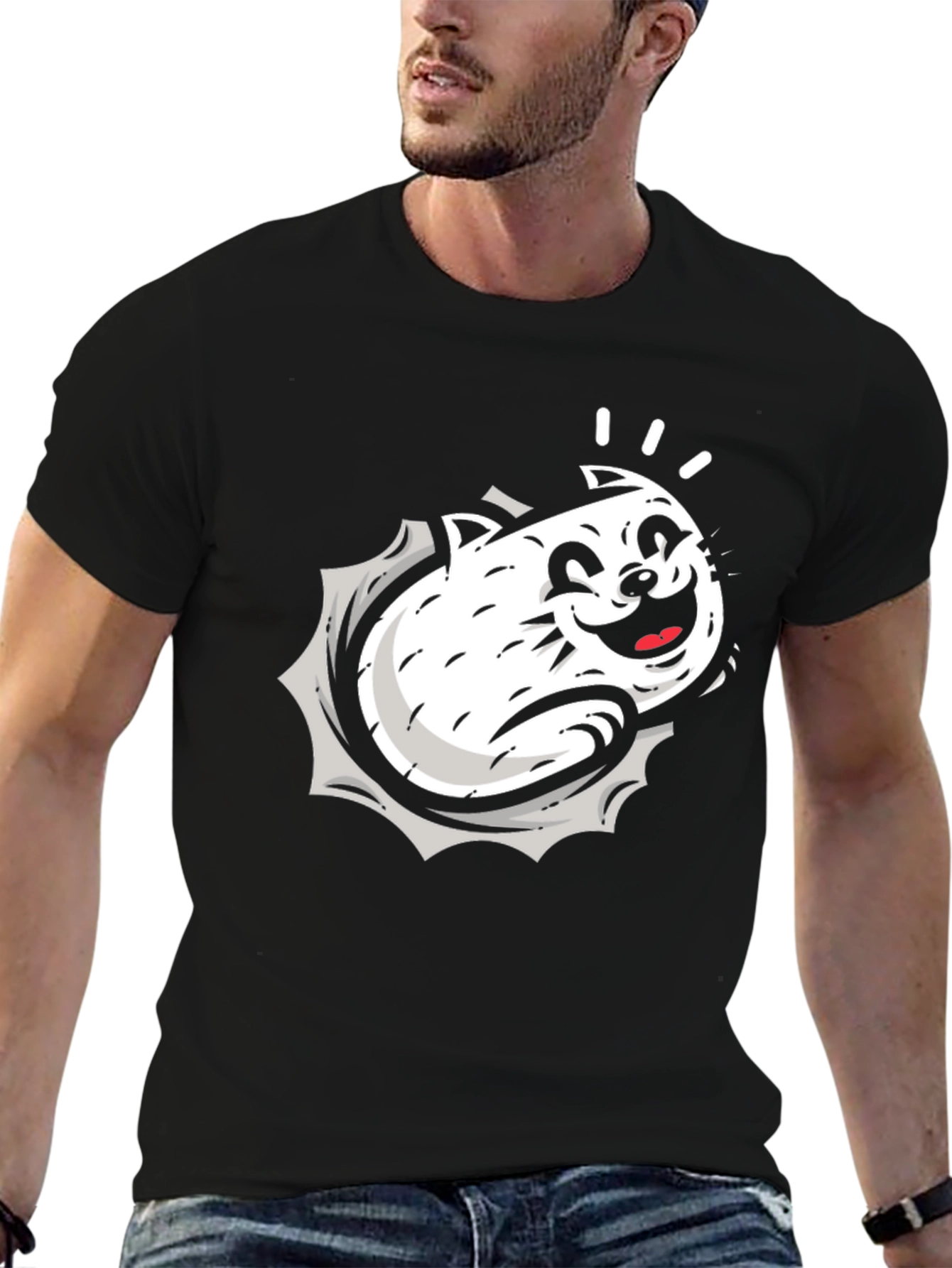 Black Cartoon Cat Graphic Black T-Shirt view 6