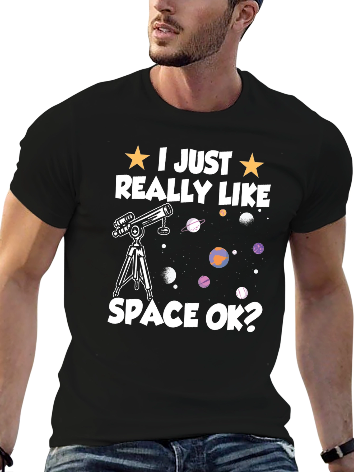 Black I Just Really Like Space OK? T-Shirt view 6