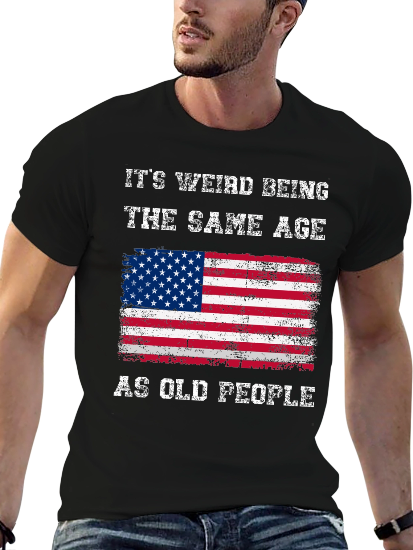 Black Funny American Flag T-Shirt: It's Weird Being The Same Age As Old People view 6