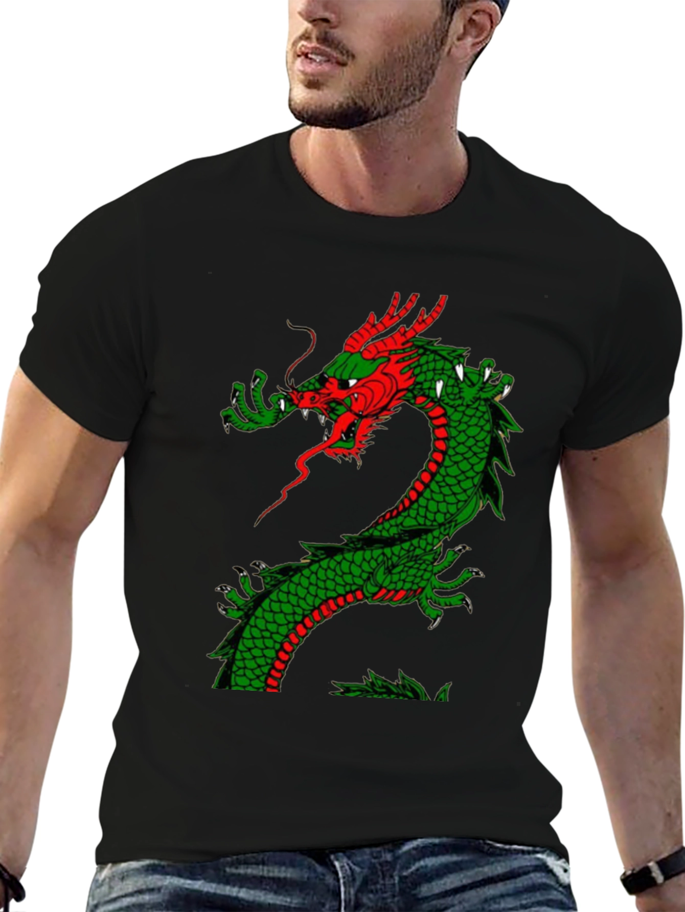 Black Dragon Graphic Tee - Red and Green Dragon Design view 6