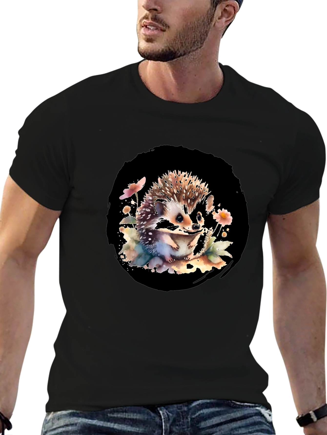 Black Hedgehog Watercolor Graphic Black T-Shirt view 6