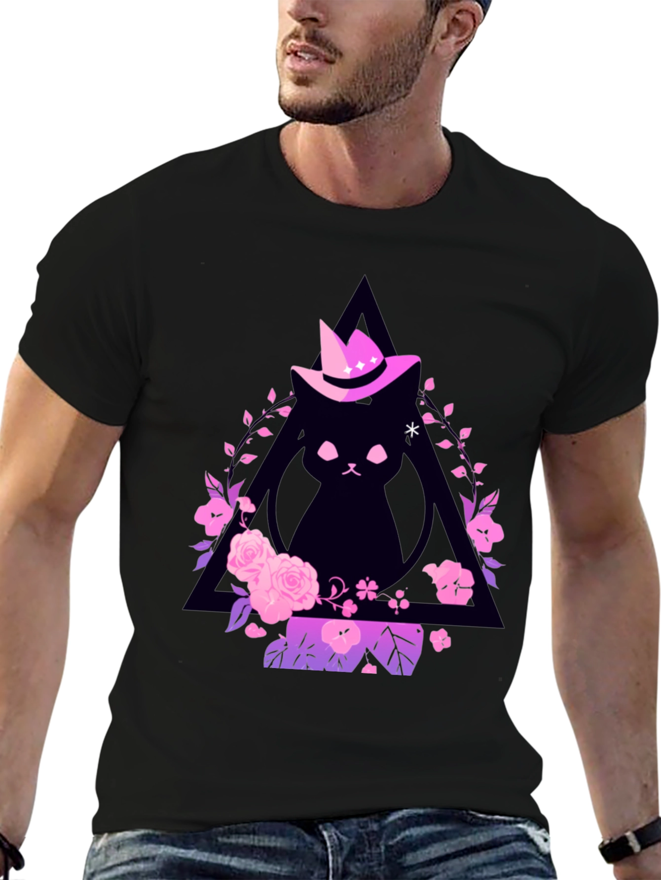 Black Witch Cat Graphic Tee - Floral Triangle Design view 6