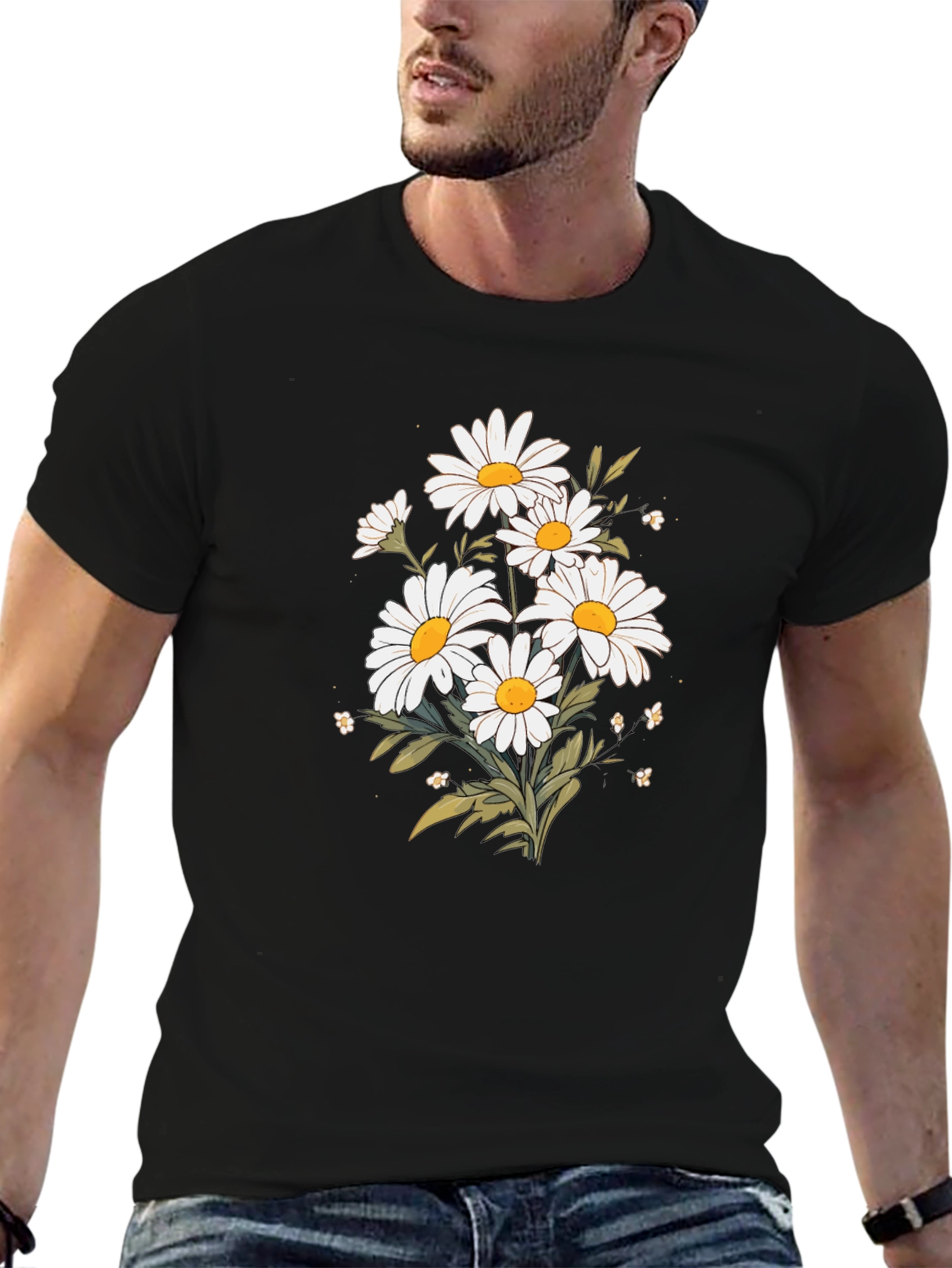 Black Daisy Flower Graphic T-Shirt - Black Cotton Tee view 6