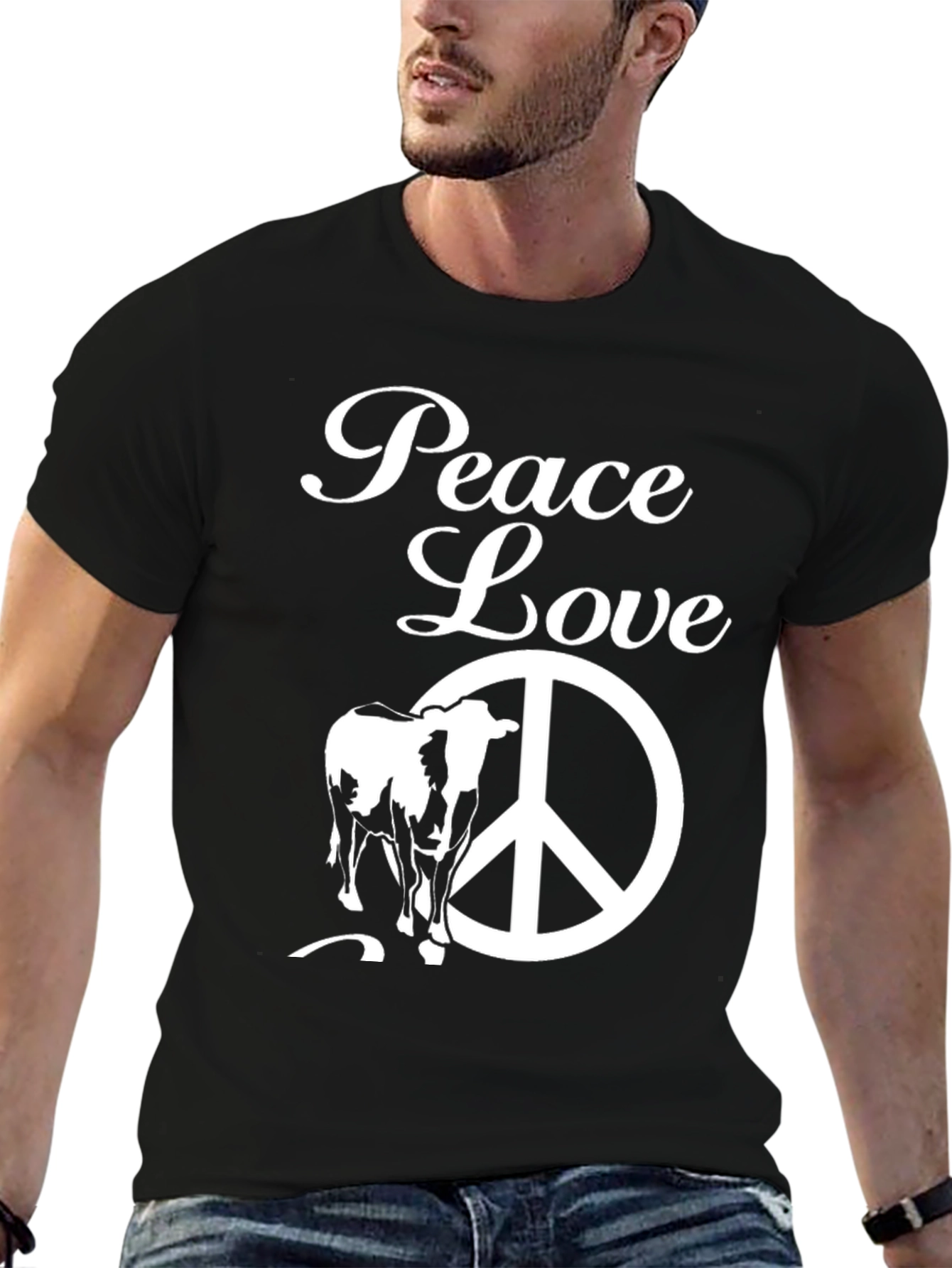 Black Peace Love Cow T-Shirt - Black Graphic Tee view 6