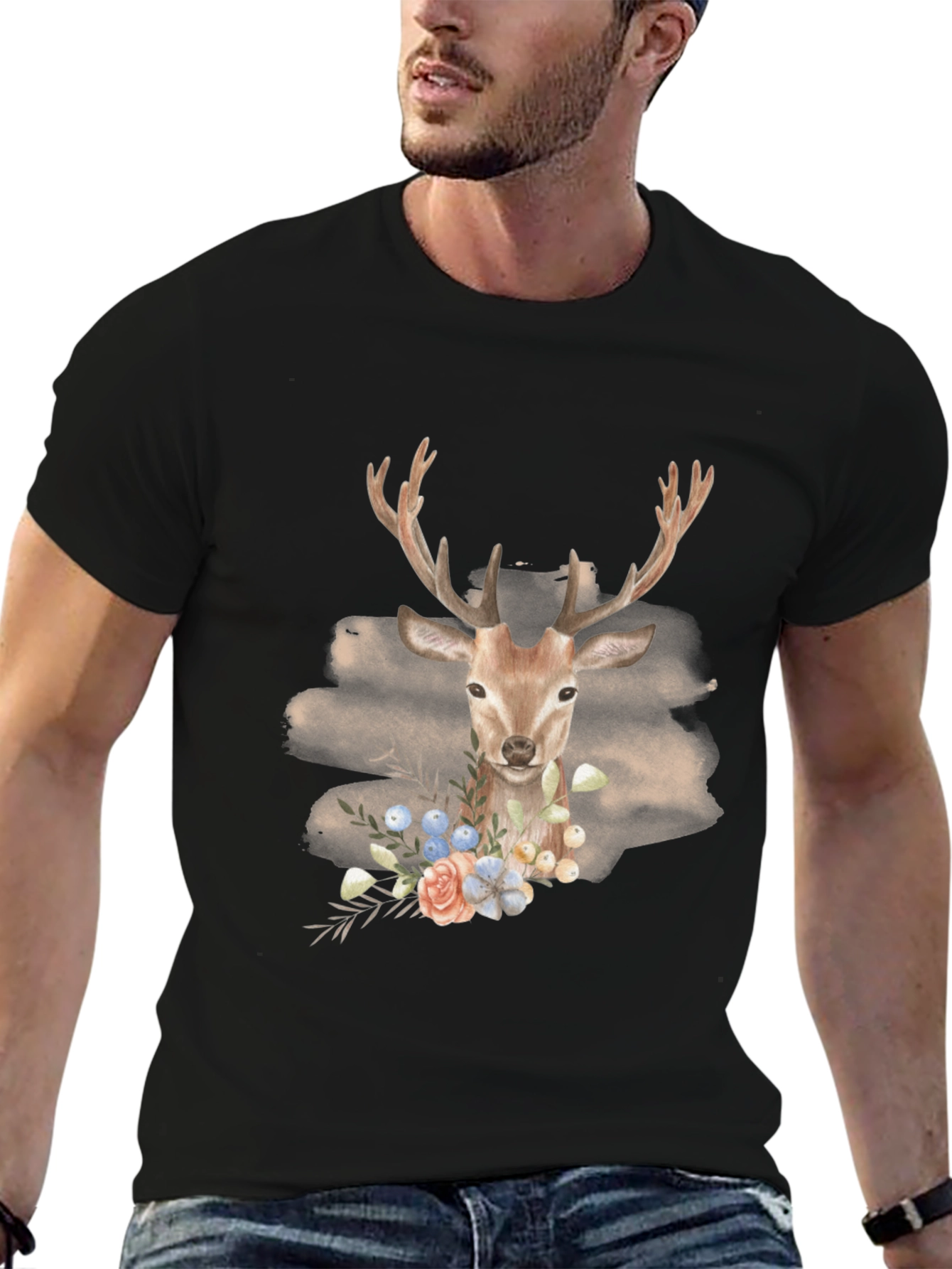 Black Deer Floral Graphic Print Tee - Men's Black T-Shirt view 6