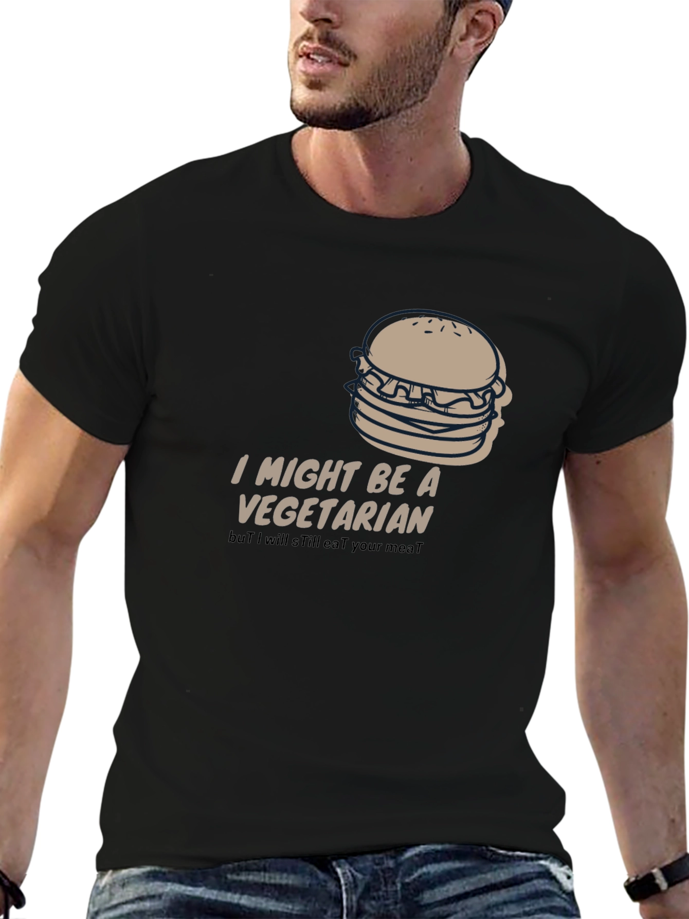 Black Vegetarian Humor Tee - Burger Design, Soft Fabric view 6