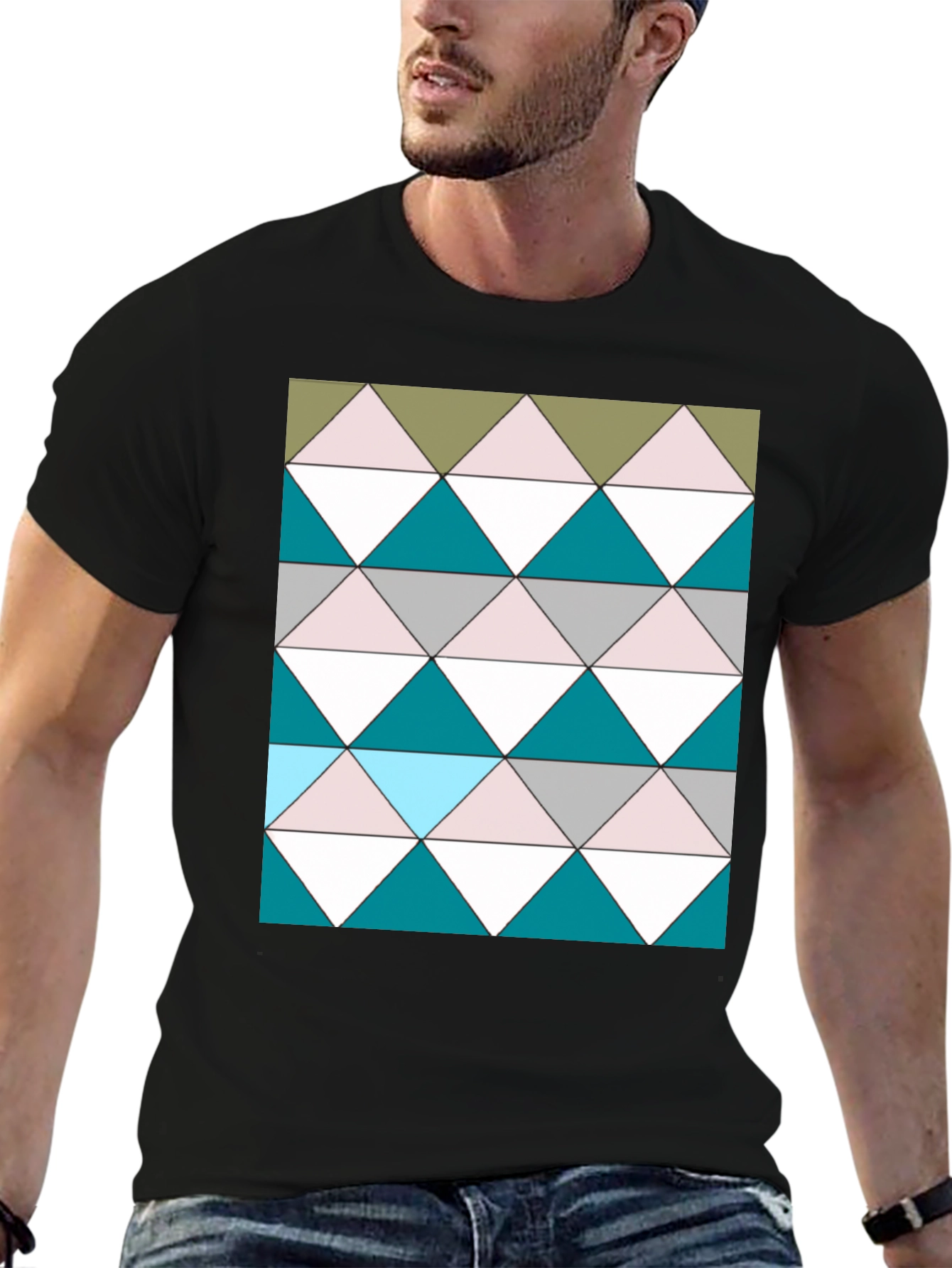 Black Geometric Triangle Pattern Black T-Shirt view 6