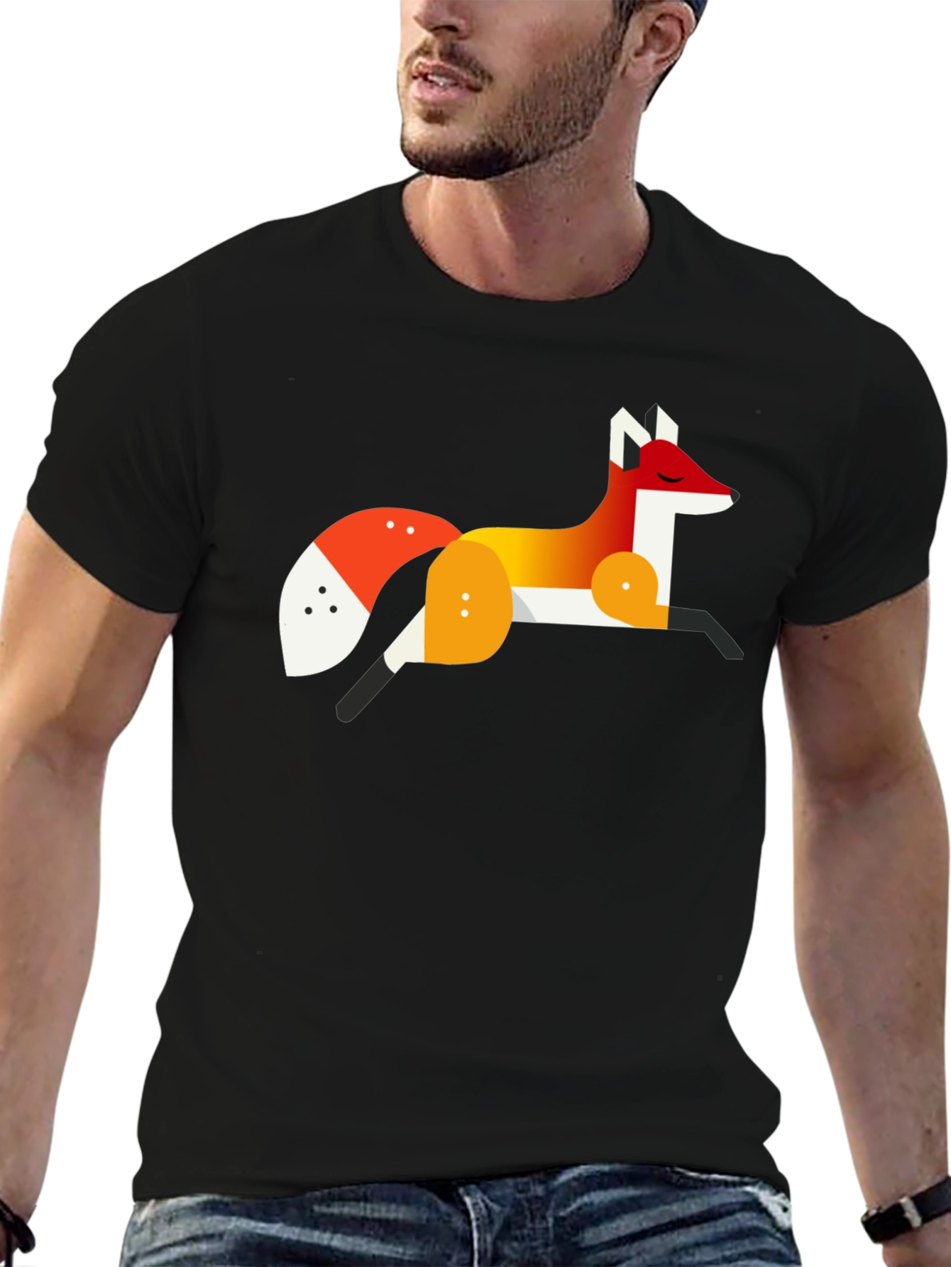 Black Geometric Fox Graphic Tee - Stylish Men's Black T-Shirt view 6