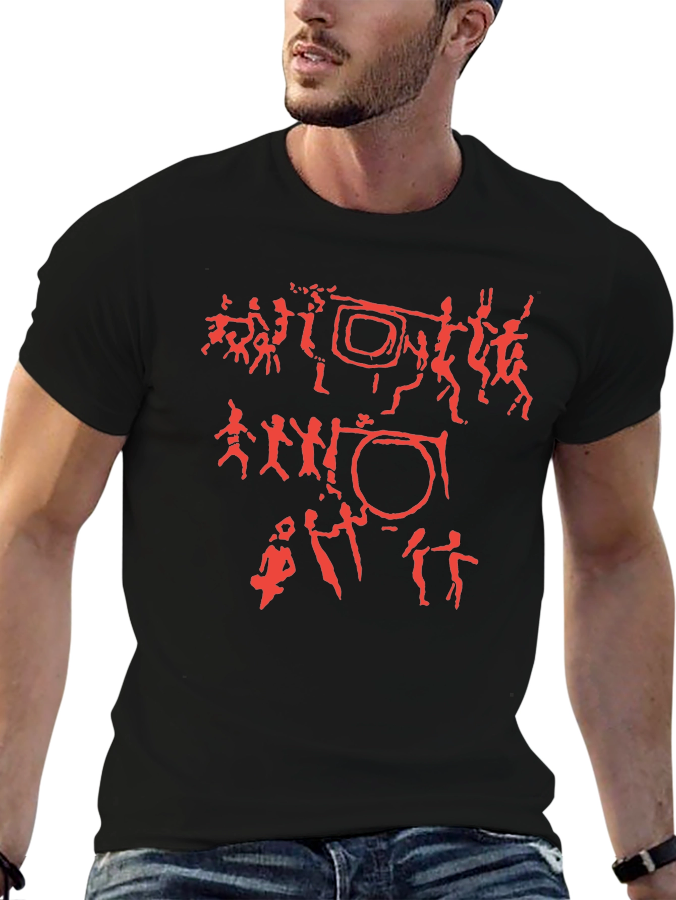 Black Red Pictogram Print Black Crew Neck T-Shirt view 6
