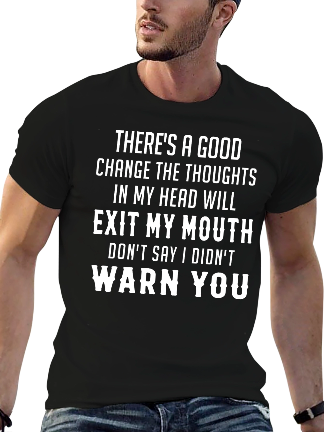 Black Funny Warning T-Shirt: Thoughts Exit My Mouth view 6