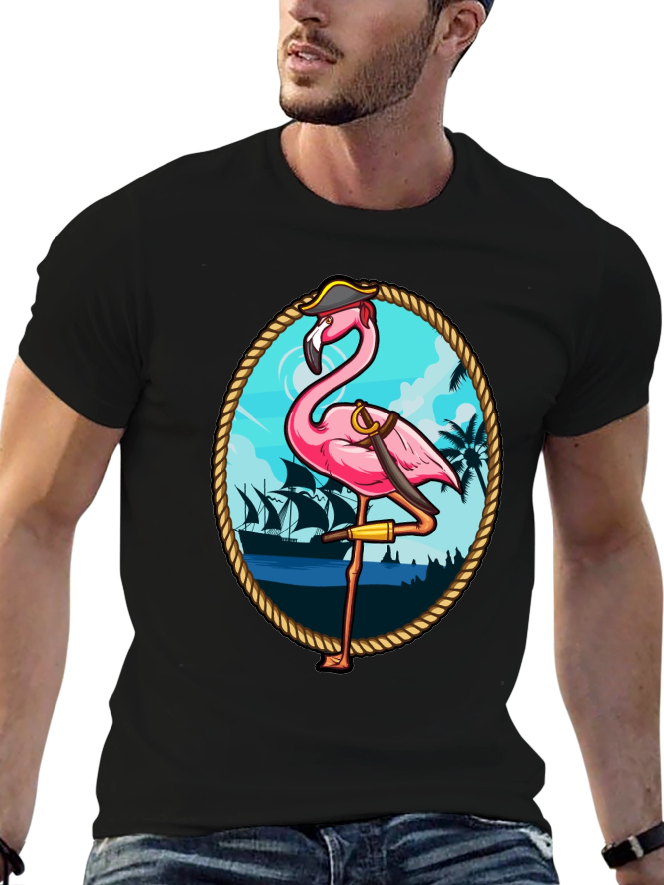 Black Pirate Flamingo Graphic T-Shirt - Tropical Humor Tee view 6