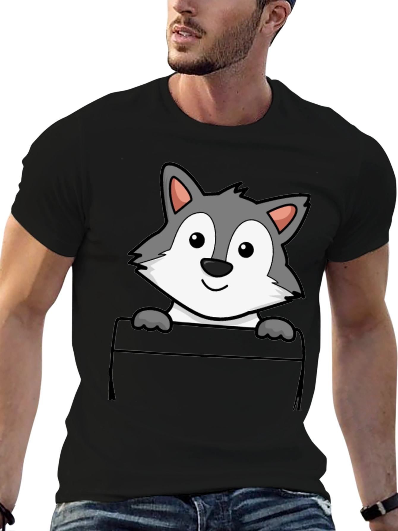 Black Cartoon Wolf Pocket Tee view 6