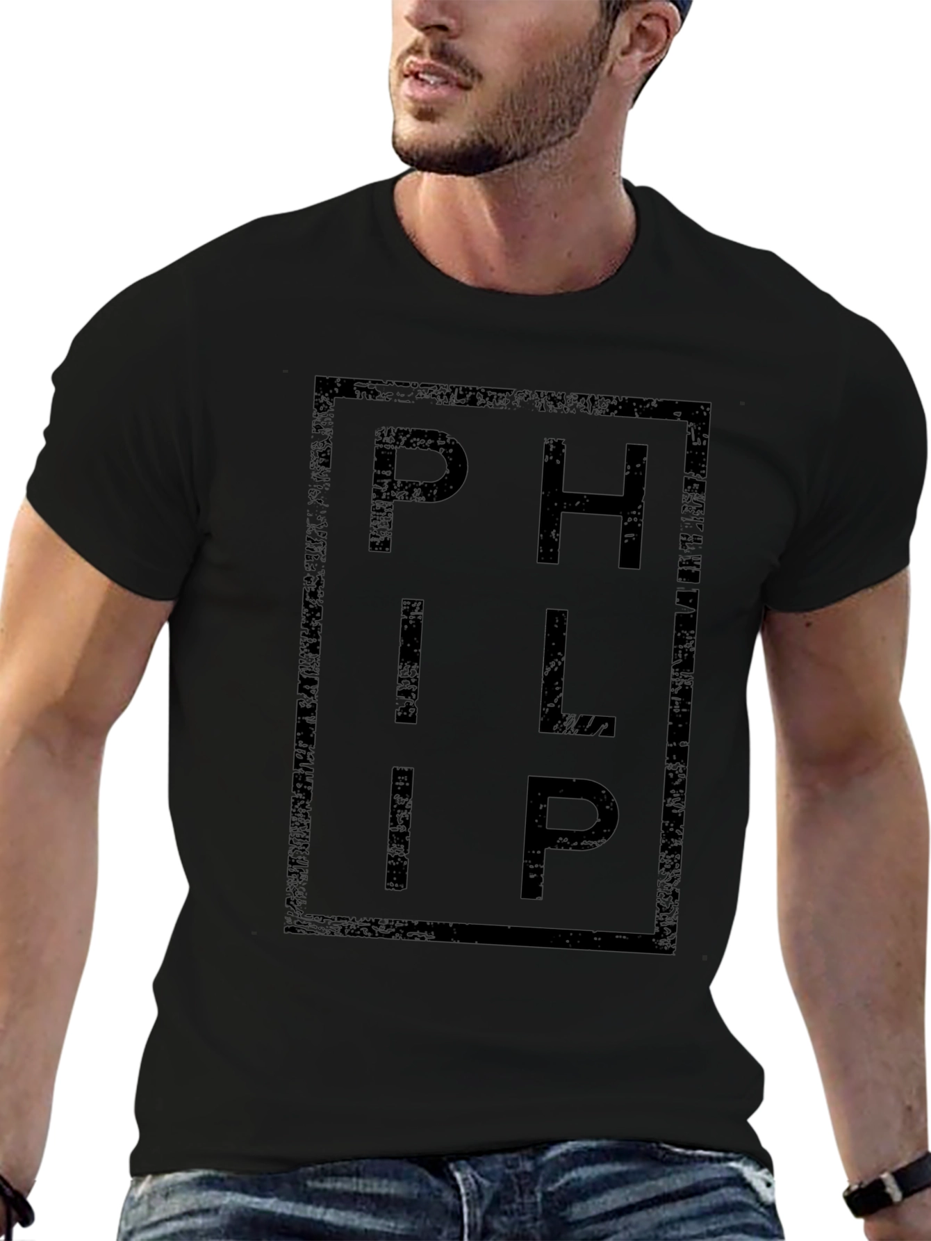 Black PHILIP Graphic Print Crew Neck T-Shirt view 6