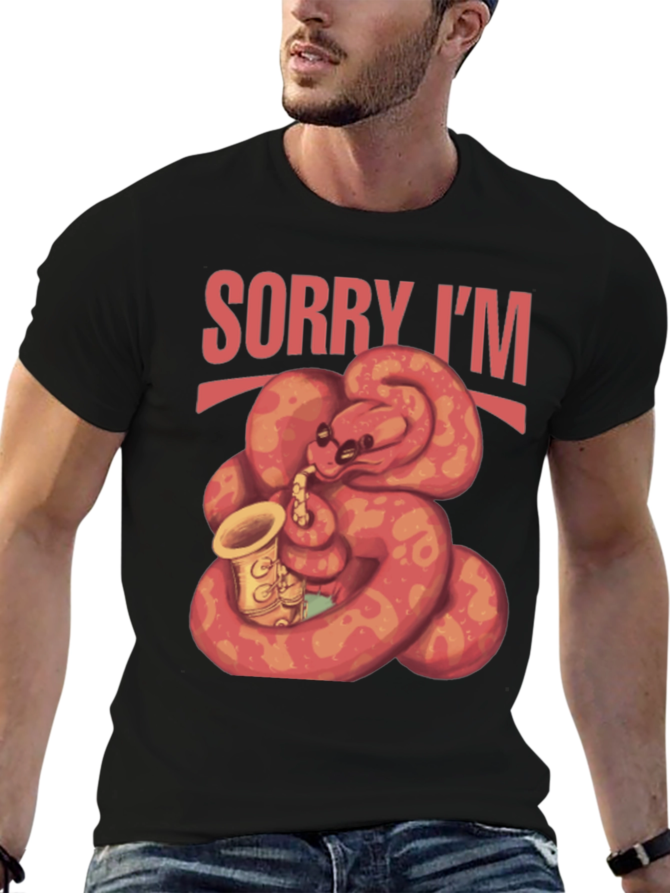 Black Sorry I'm Late Snake Saxophone T-Shirt view 6