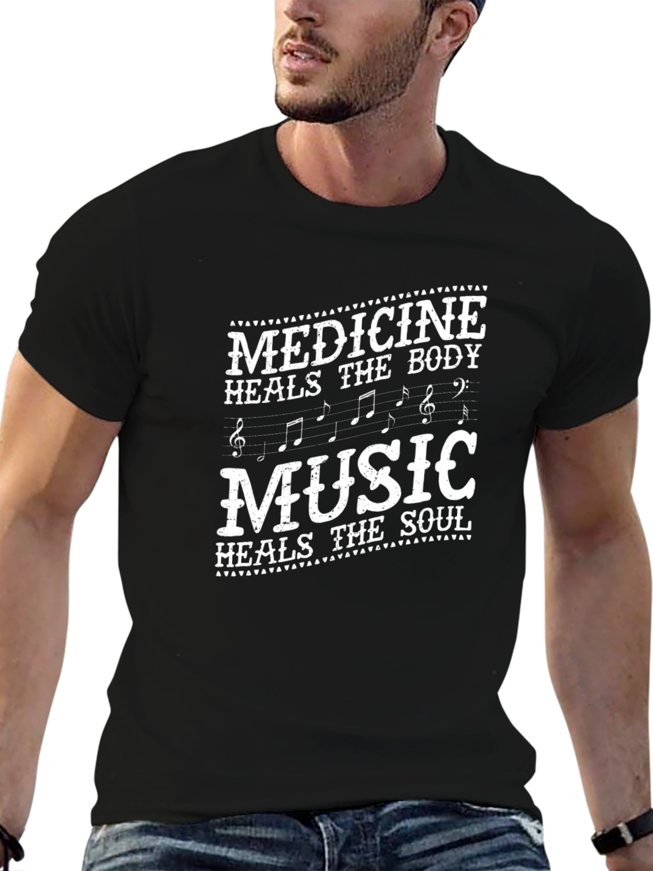Black Medicine Heals Body Music Heals Soul Black Graphic T-Shirt view 6