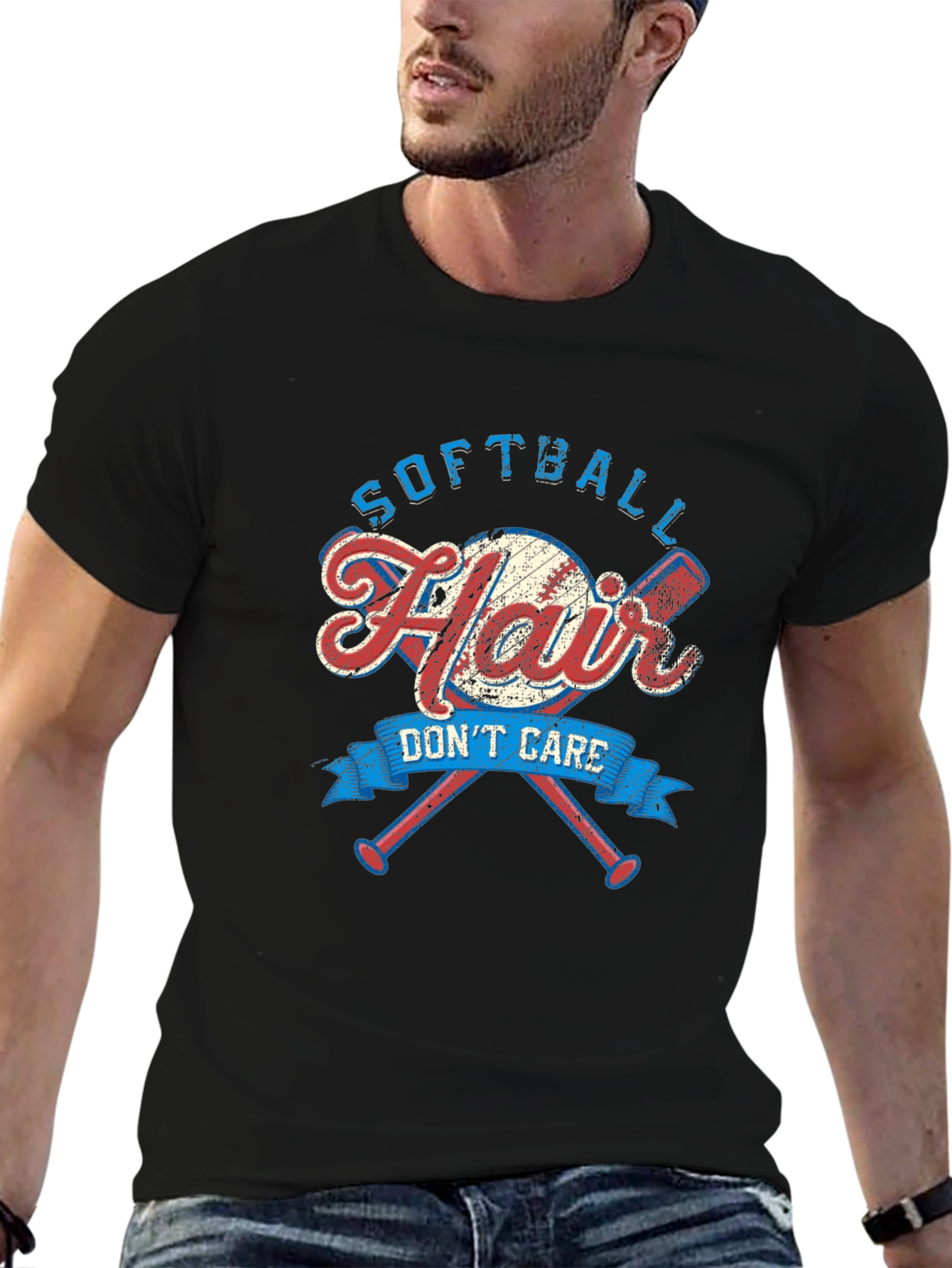 Black Softball Hair Don't Care Graphic Tee view 6