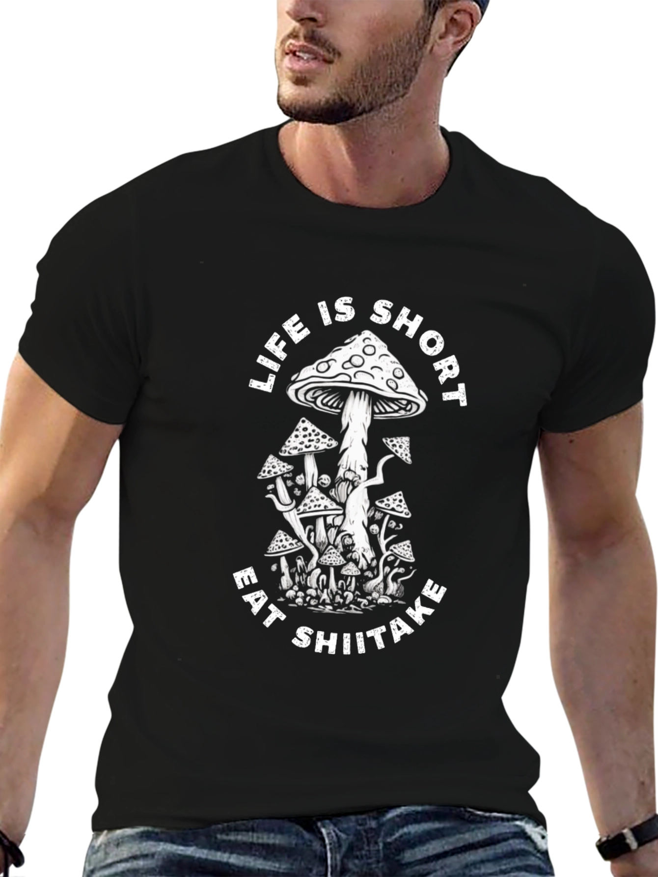 Black Life is Short Eat Shiitake T-Shirt - Black view 6