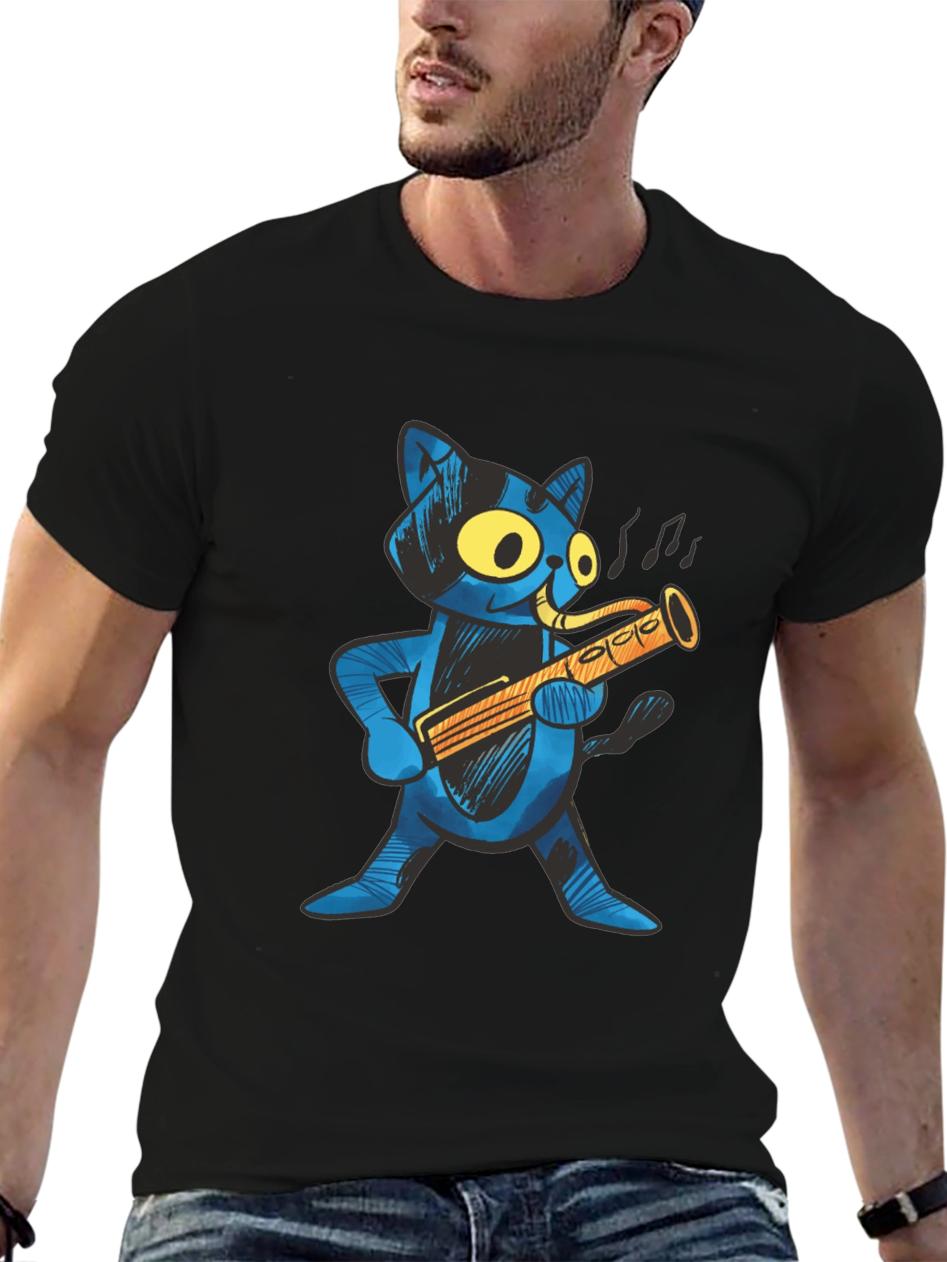 Black Cool Cat Saxophone Player T-Shirt view 6