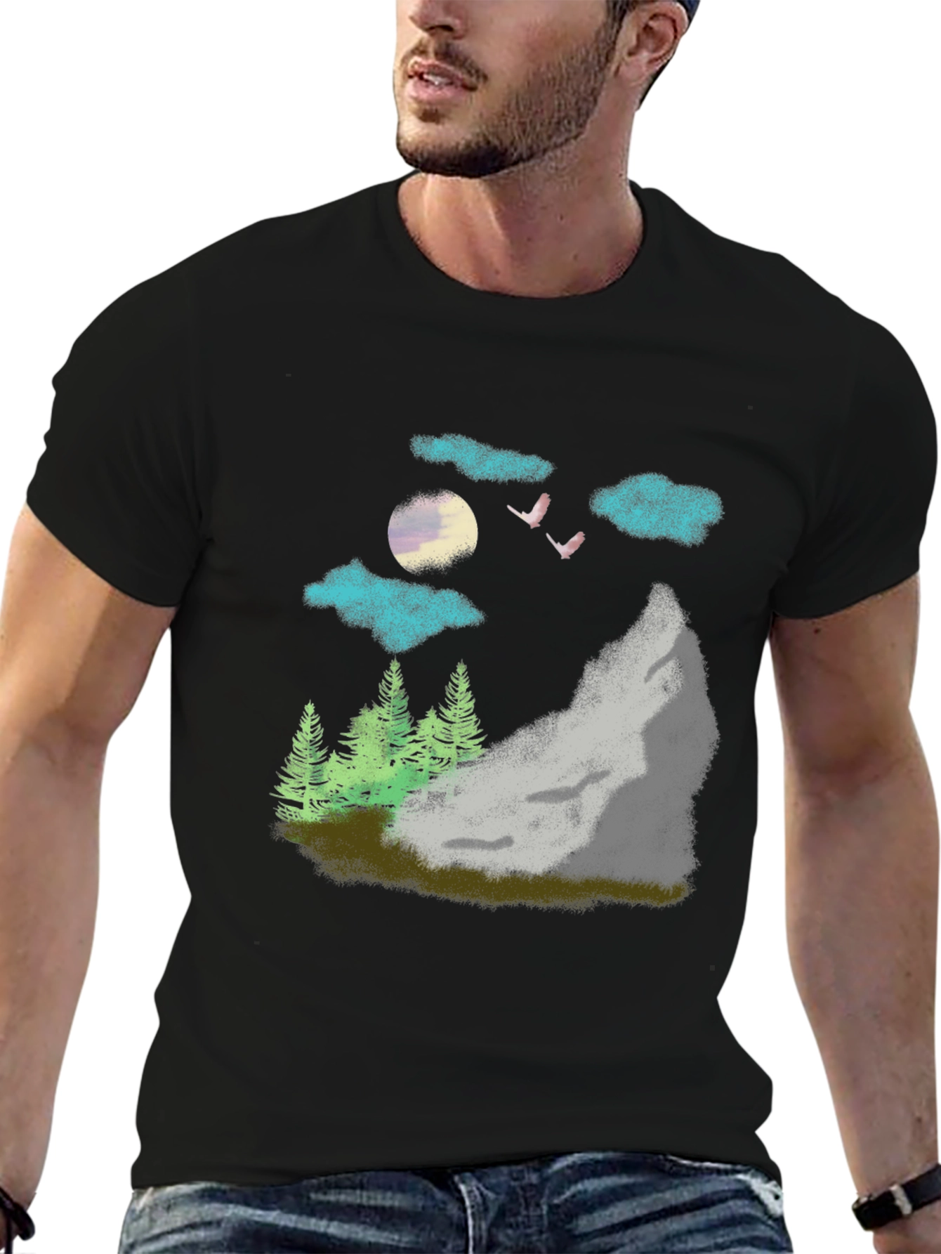 Black Nature Scene Graphic Tee - Black Casual T-Shirt view 6