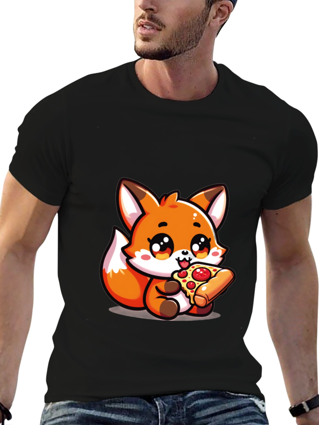 Black Cute Fox Pizza Lover Black T-Shirt view 6