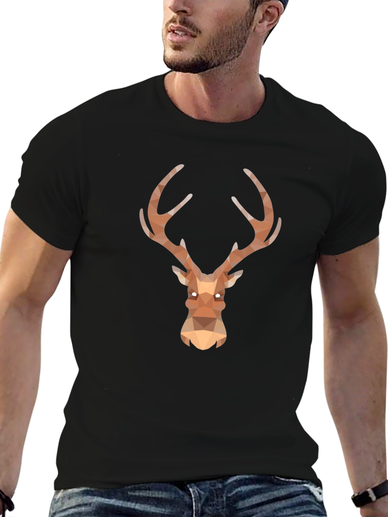 Black Geometric Deer Head Black T-Shirt view 6