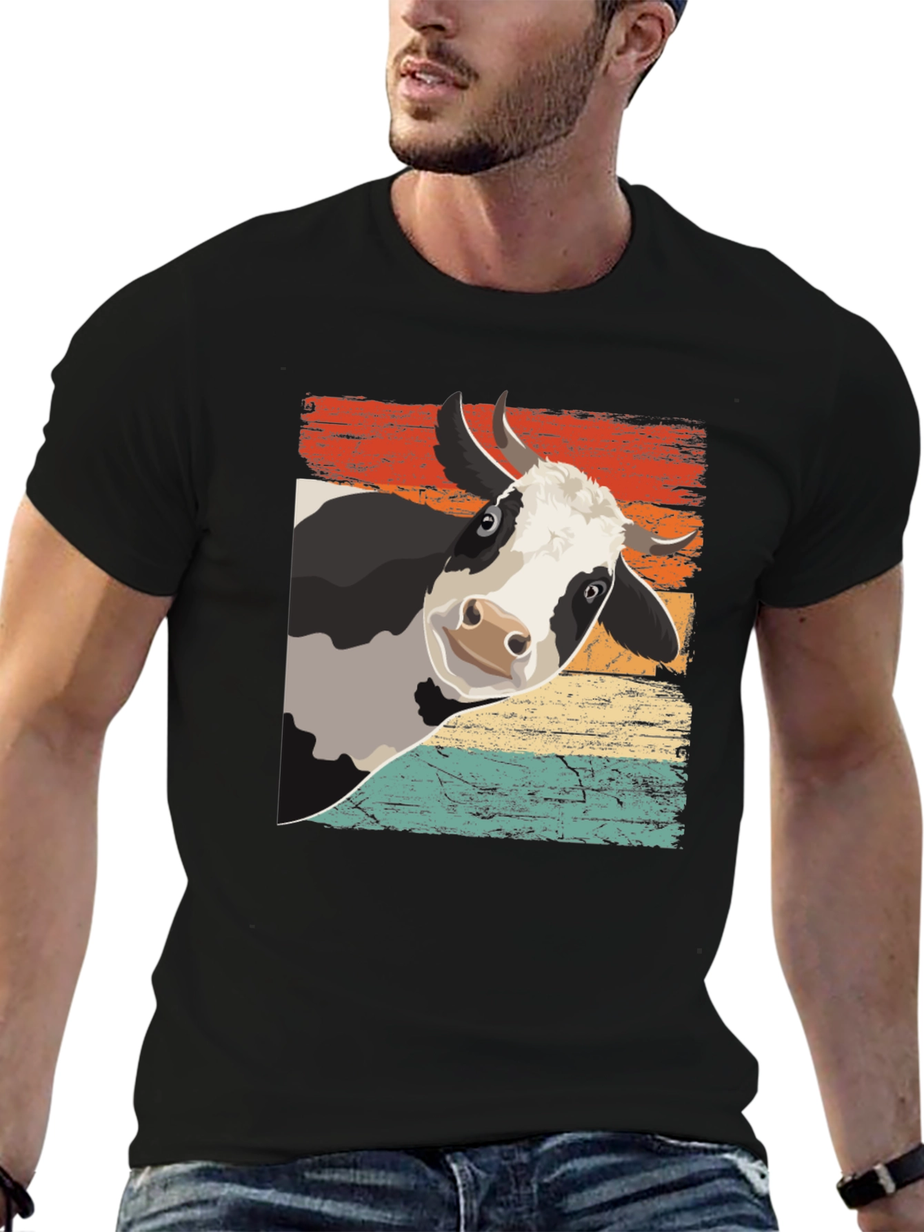Black Retro Cow Graphic Tee - Black Cotton Blend view 6