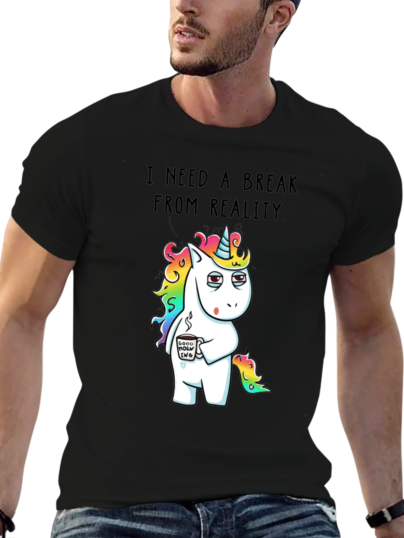 Black Funny Unicorn 'Break From Reality' Graphic T-Shirt view 6