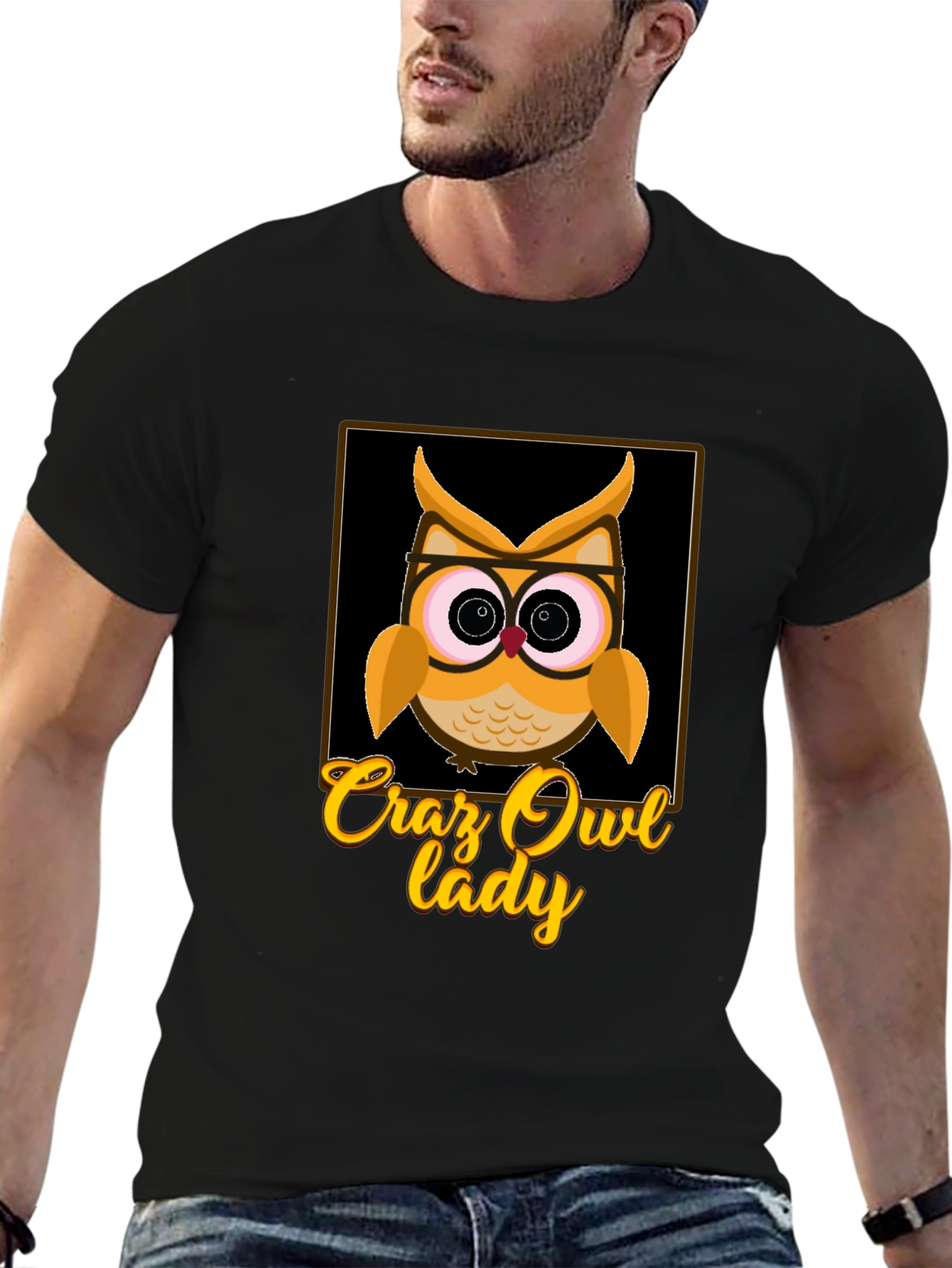 Black Crazy Owl Lady Graphic T-Shirt view 6