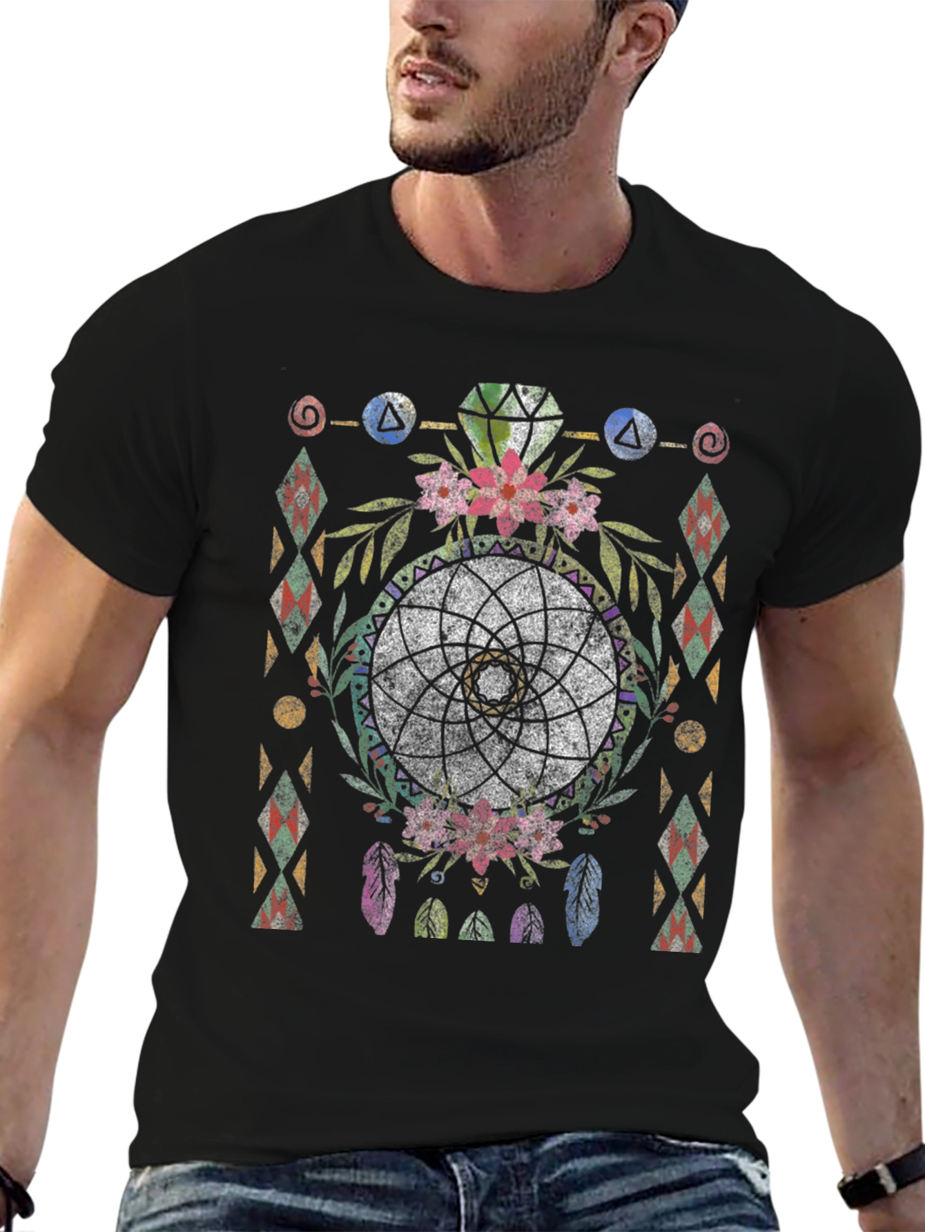 Black Boho Dreamcatcher Graphic Tee - Tribal Style view 6