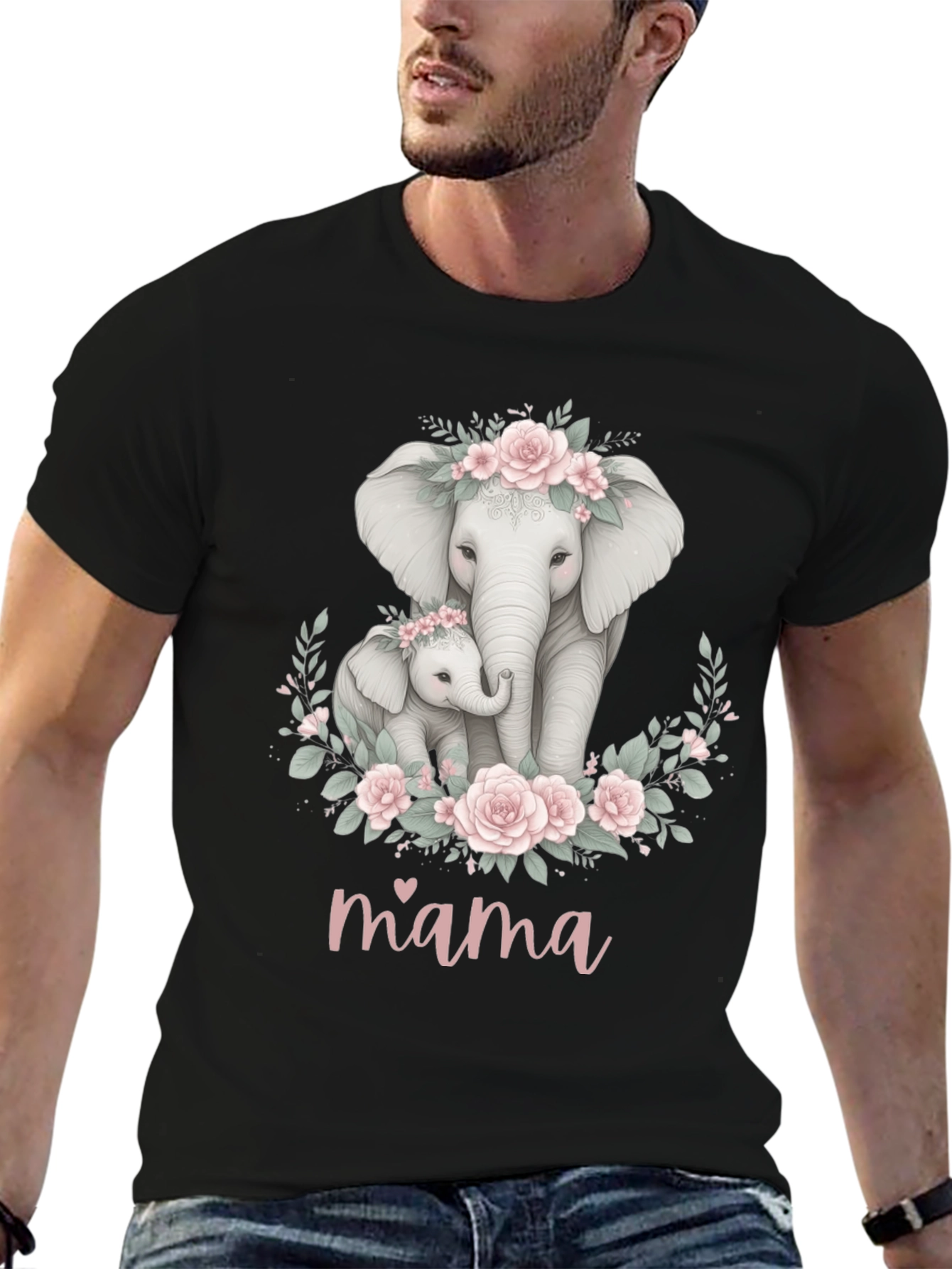 Black Mama Elephant Floral T-Shirt - Adorable Mom Gift view 6