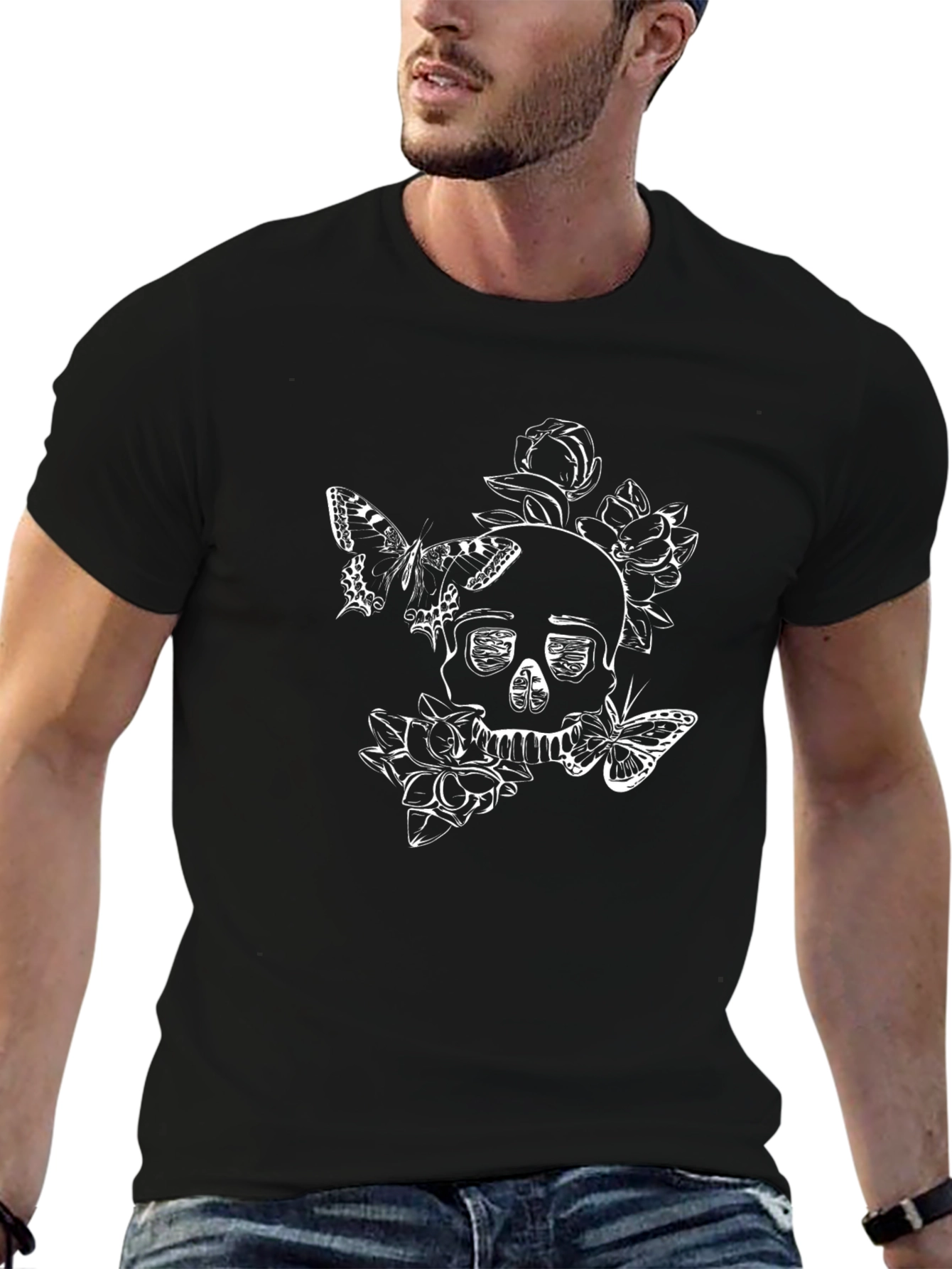 Black Skull & Butterflies Graphic Black T-Shirt view 6