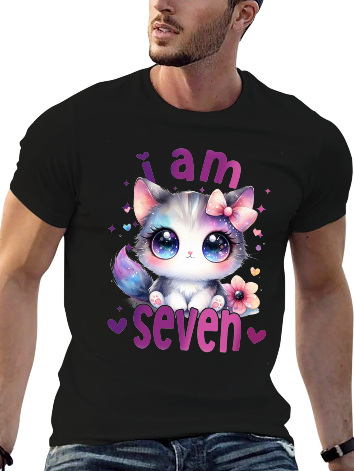 Black I am Seven Kitten Birthday T-Shirt view 6