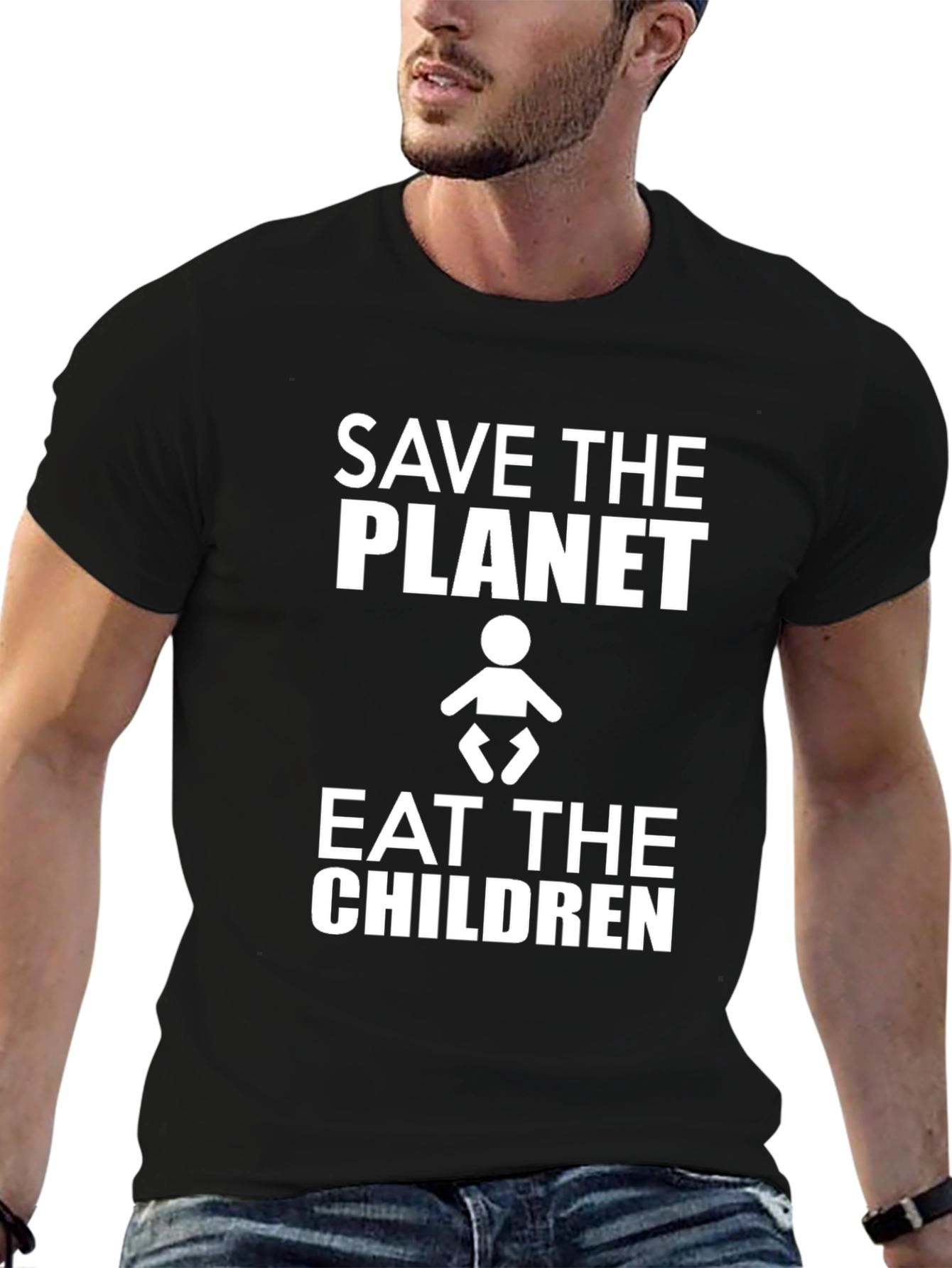 Black Save the Planet Eat the Children Humor T-Shirt view 6